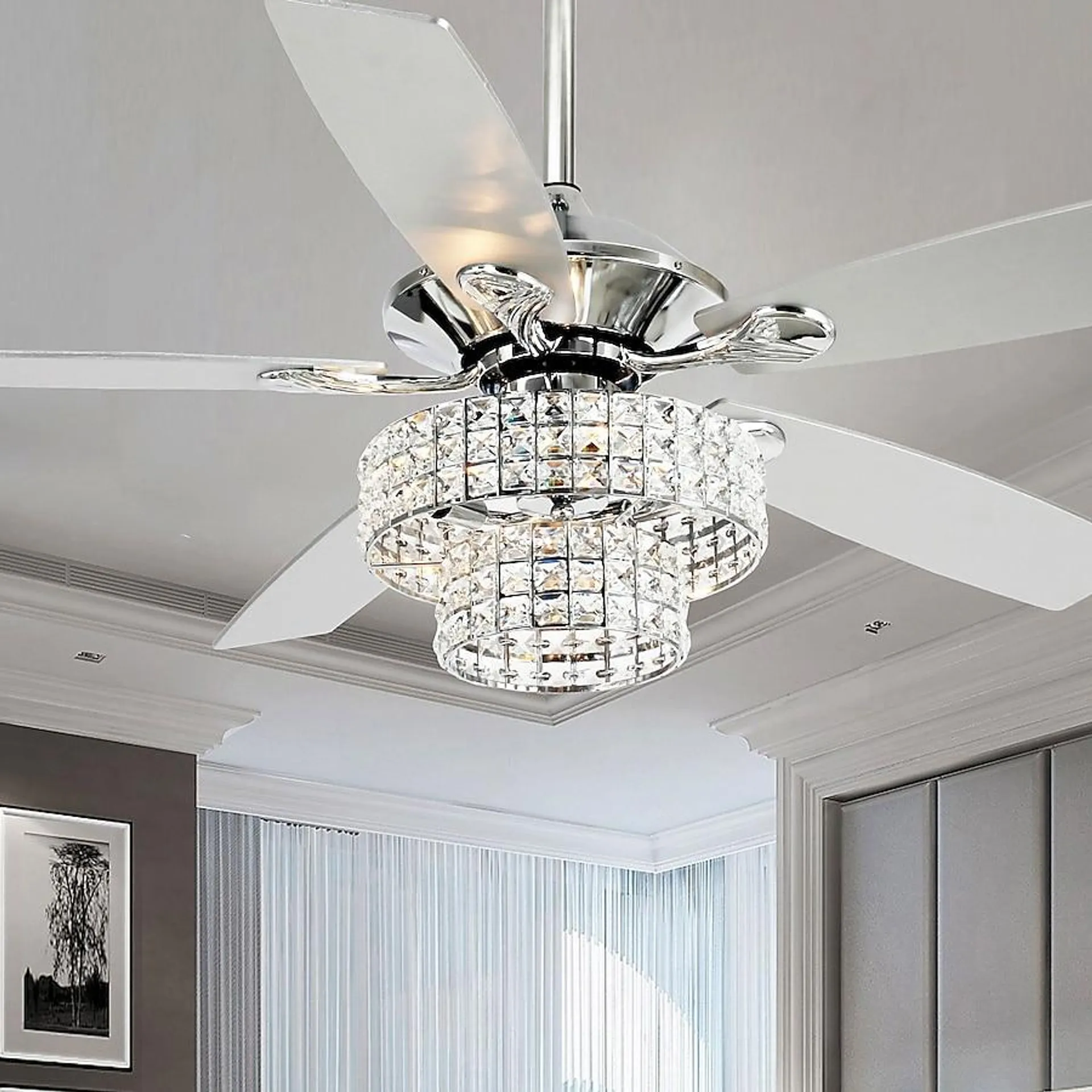 Parrot Uncle 52-in Chrome with Silver Blades LED Indoor Chandelier Ceiling Fan with Light and Remote (5-Blade)