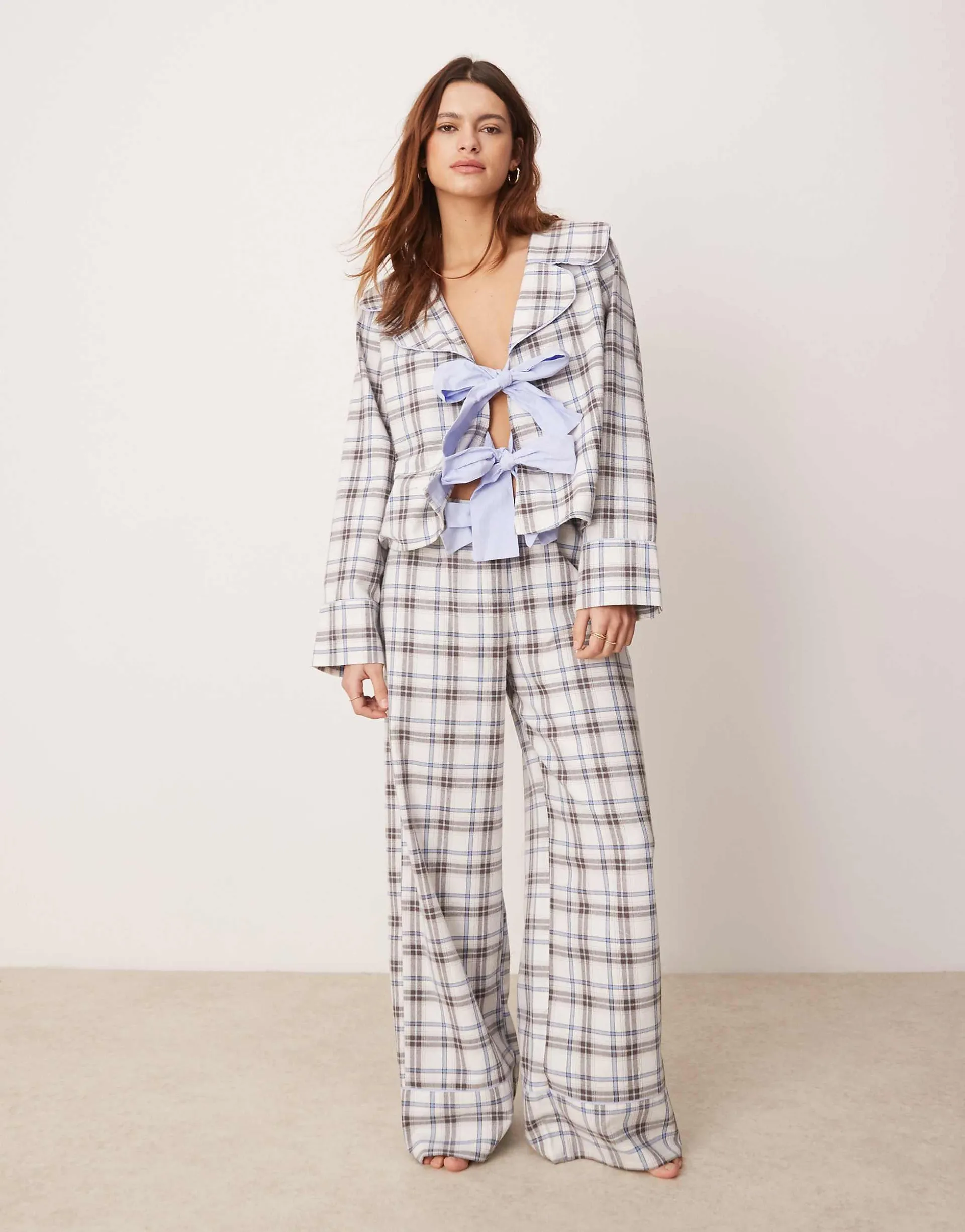 ASOS DESIGN lounge wide leg pants in blue brushed check - part of a set