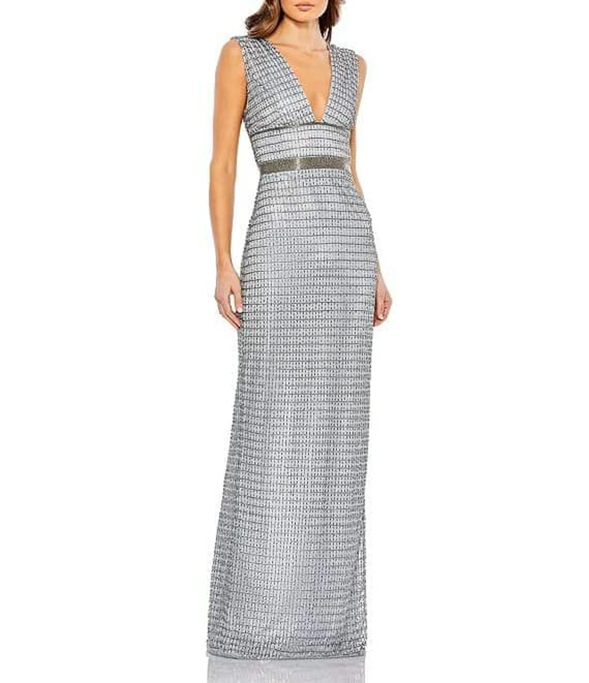 Beaded V-Neck Sleeveless Sheath Gown