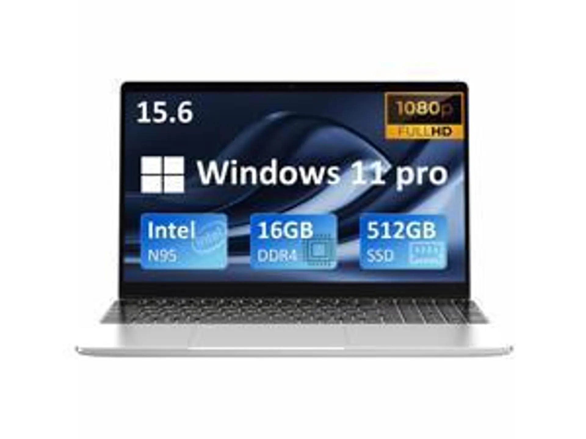 Auusda Laptop Computer w/16GB DDR4 RAM 512GB NVMe SSD, Intel N95 Up to 3.4 GHz, 15.6" FHD IPS LCD Work PC, Windows 11 Pro Notebooks, Backlit Keyboard, Fingerprint Unlock, Silver