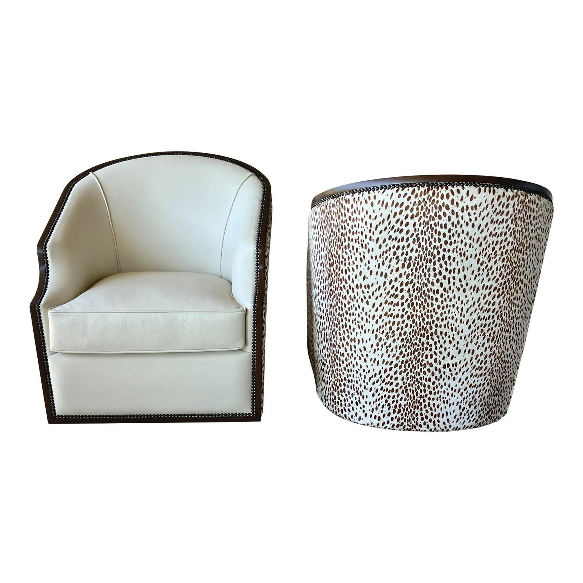 Circa 2020 Spectacular Custom-Designed Top Grain Semi-Aniline Leather & Hair-On-Hide Swivel Barrel Chairs – a Pair