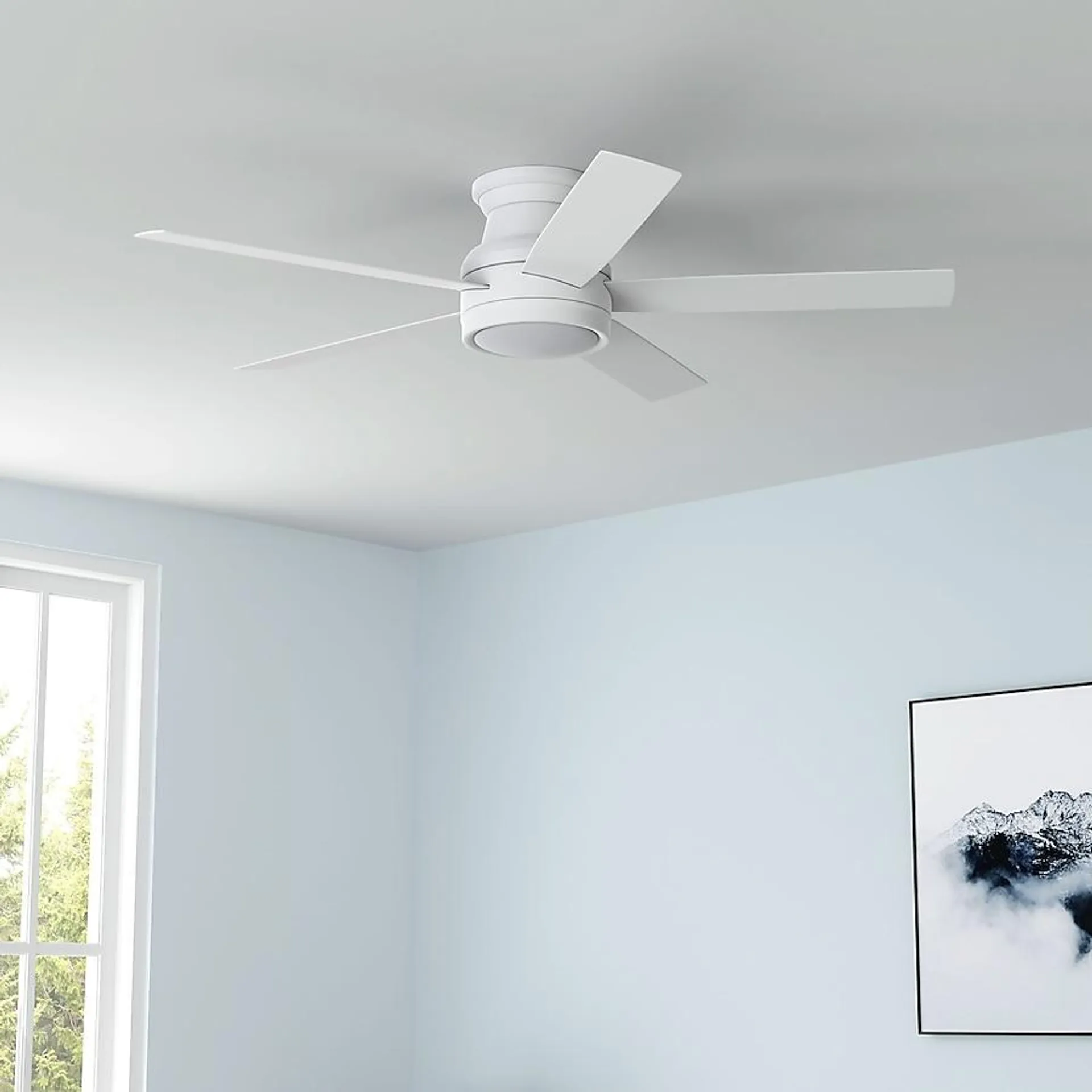 Harbor Breeze Calverton 52-in Color-Changing Integrated LED Flush Mount White with White/Driftwood Blades Ceiling Fan With Light - Remote Included ( 5 -Blade )