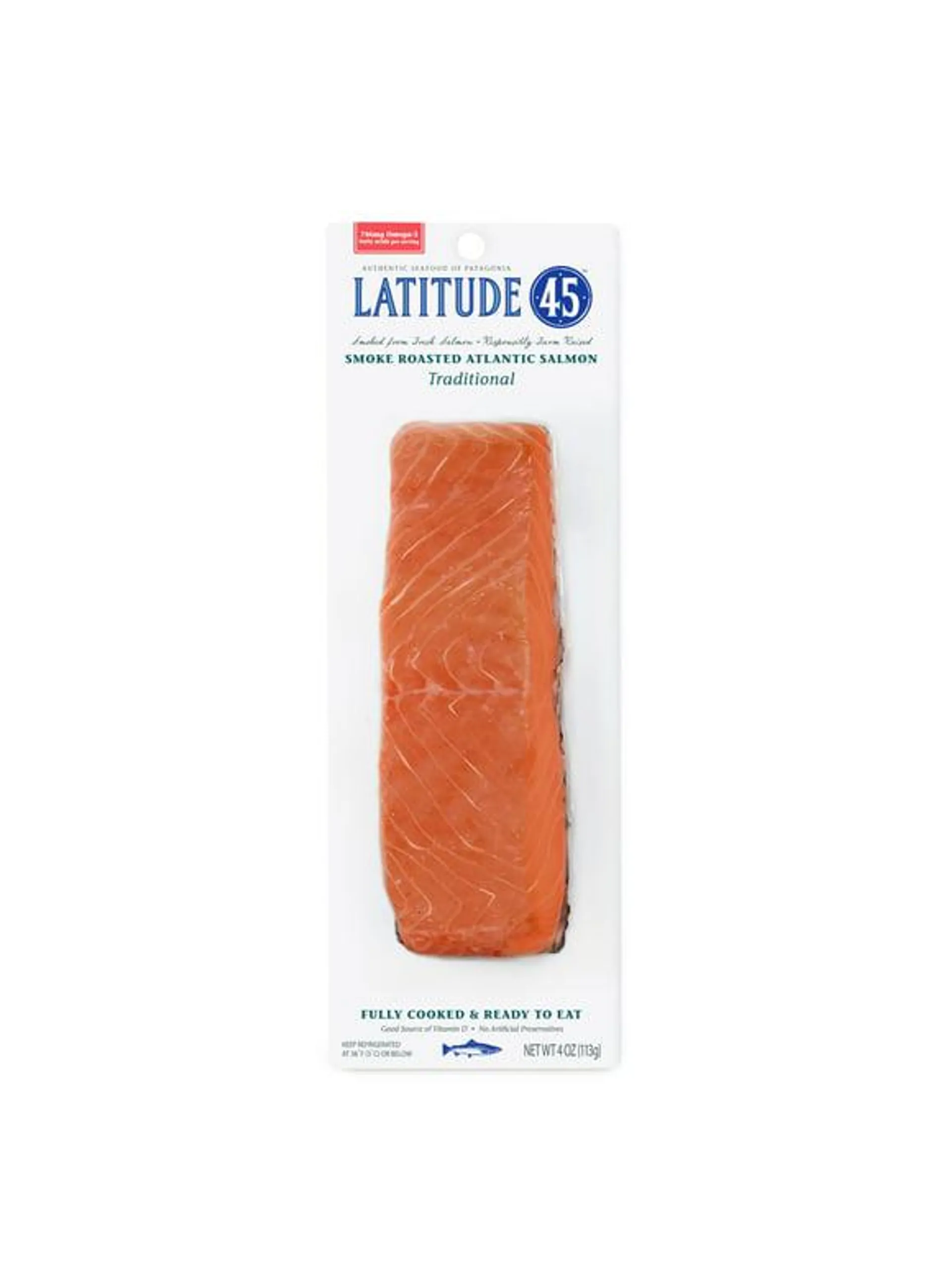 Latitude 45 Roasted Smoked Atlantic Salmon, 4oz package, 2 servings per container, serving size 2oz, 12g protein per serving.