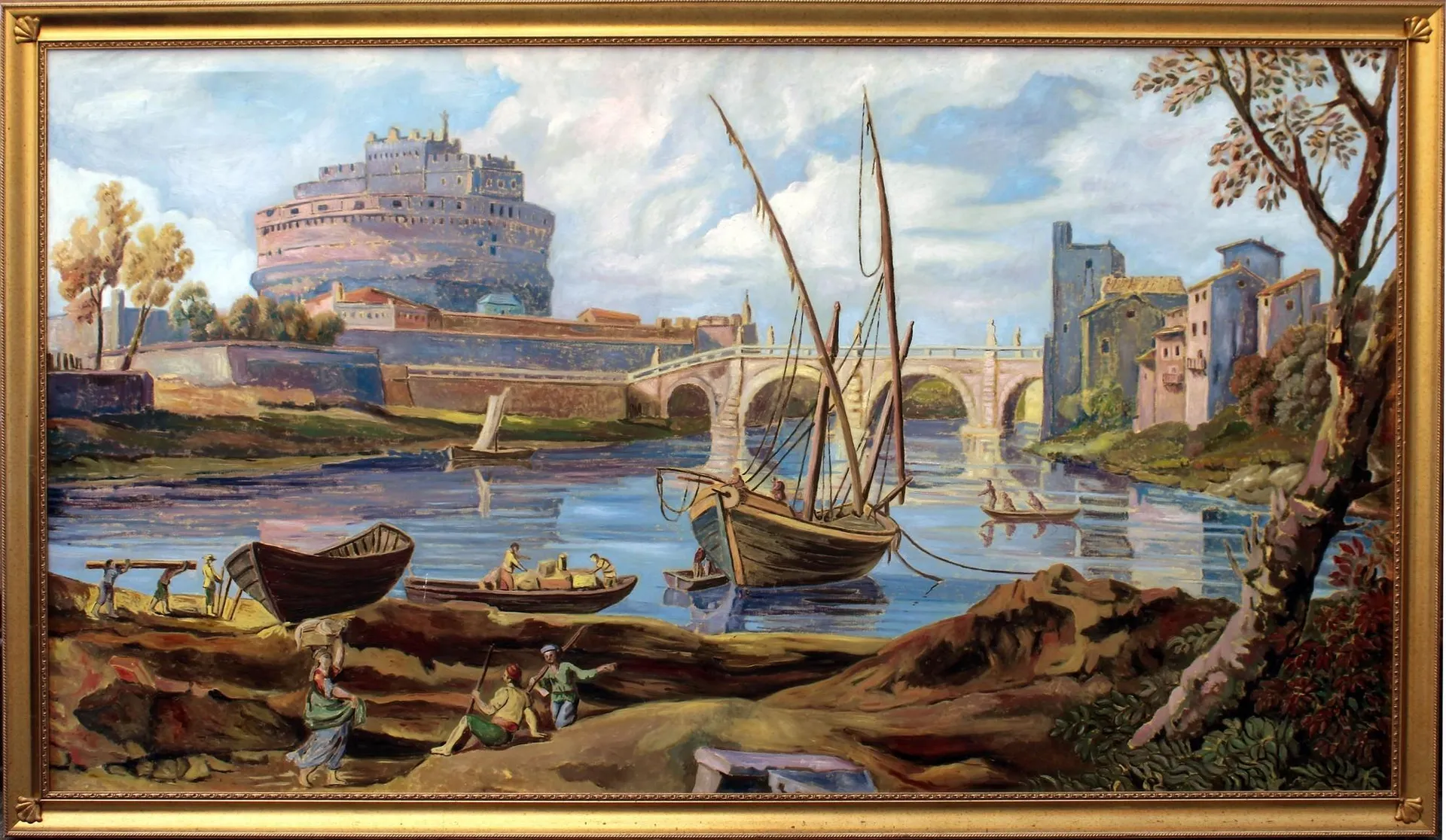 Large Landscape Oil Painting Of Rome With Castel Sant'Angelo and Tiber River