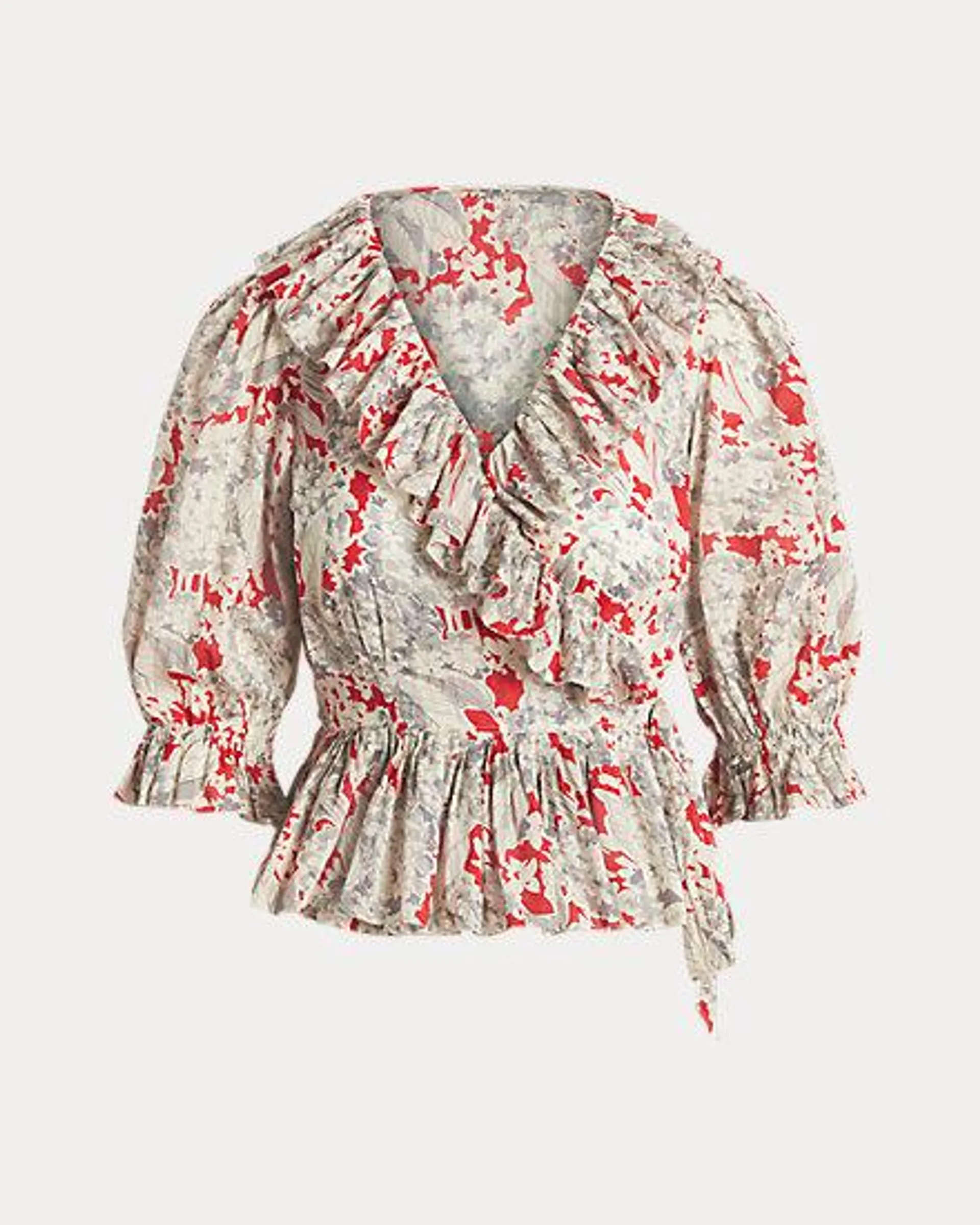 Ruffled Floral Cotton Wrap Top