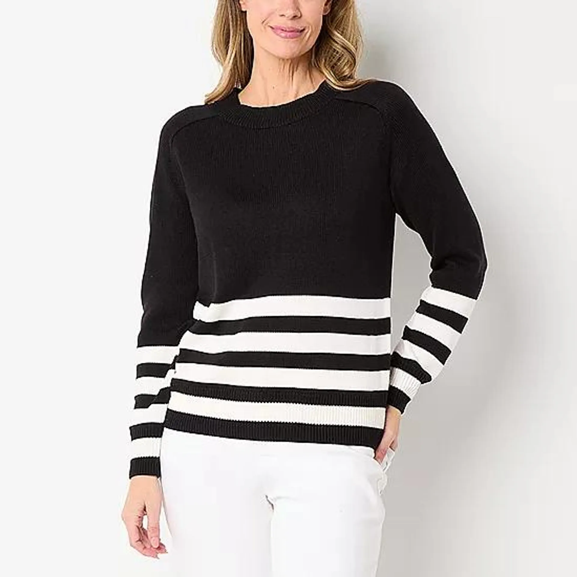 new! Liz Claiborne Womens Crew Neck Long Sleeve Striped Pullover Sweater