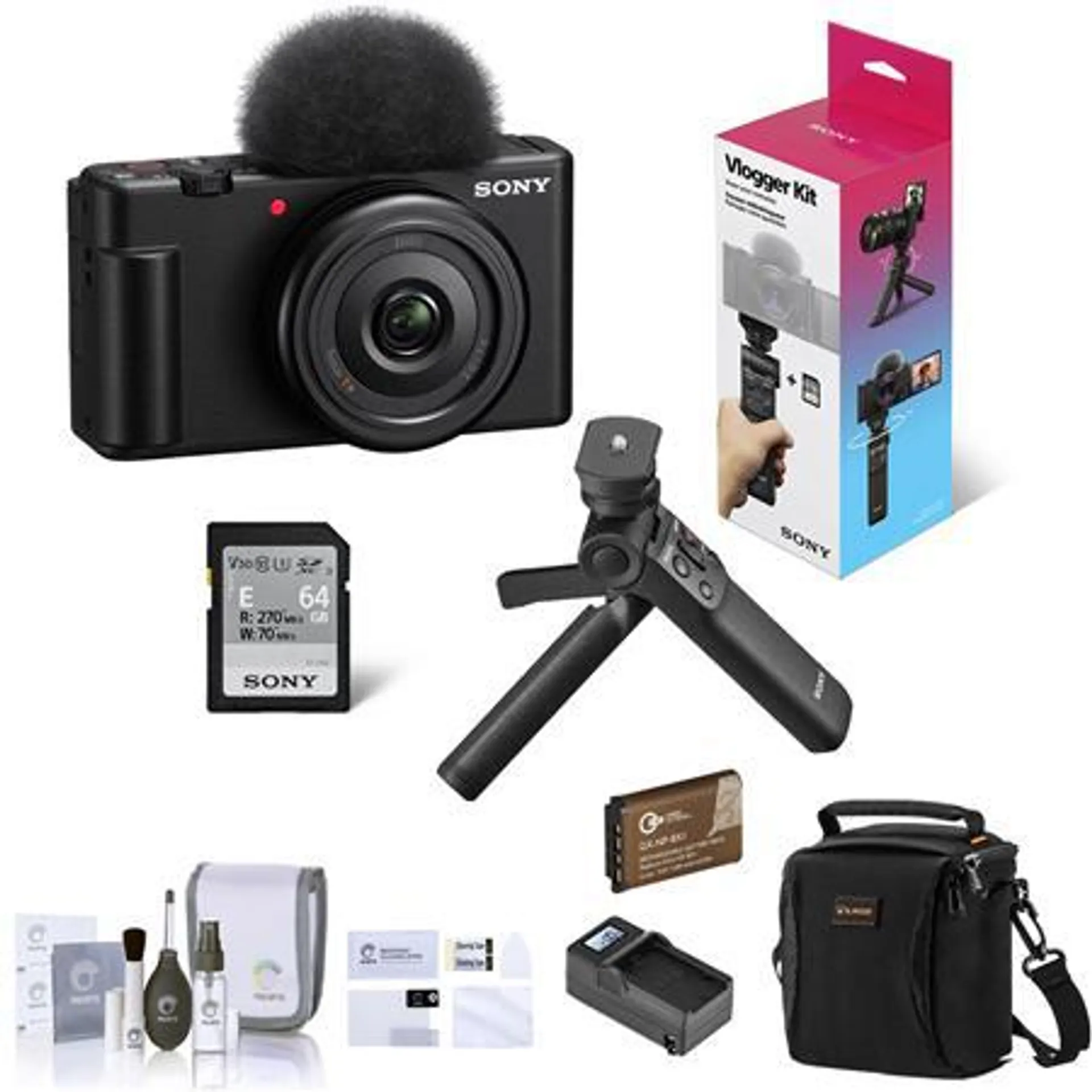 Sony ZV-1F Vlogging Camera, Black with ACCVC1 Vlogger, Essential Accessories Kit