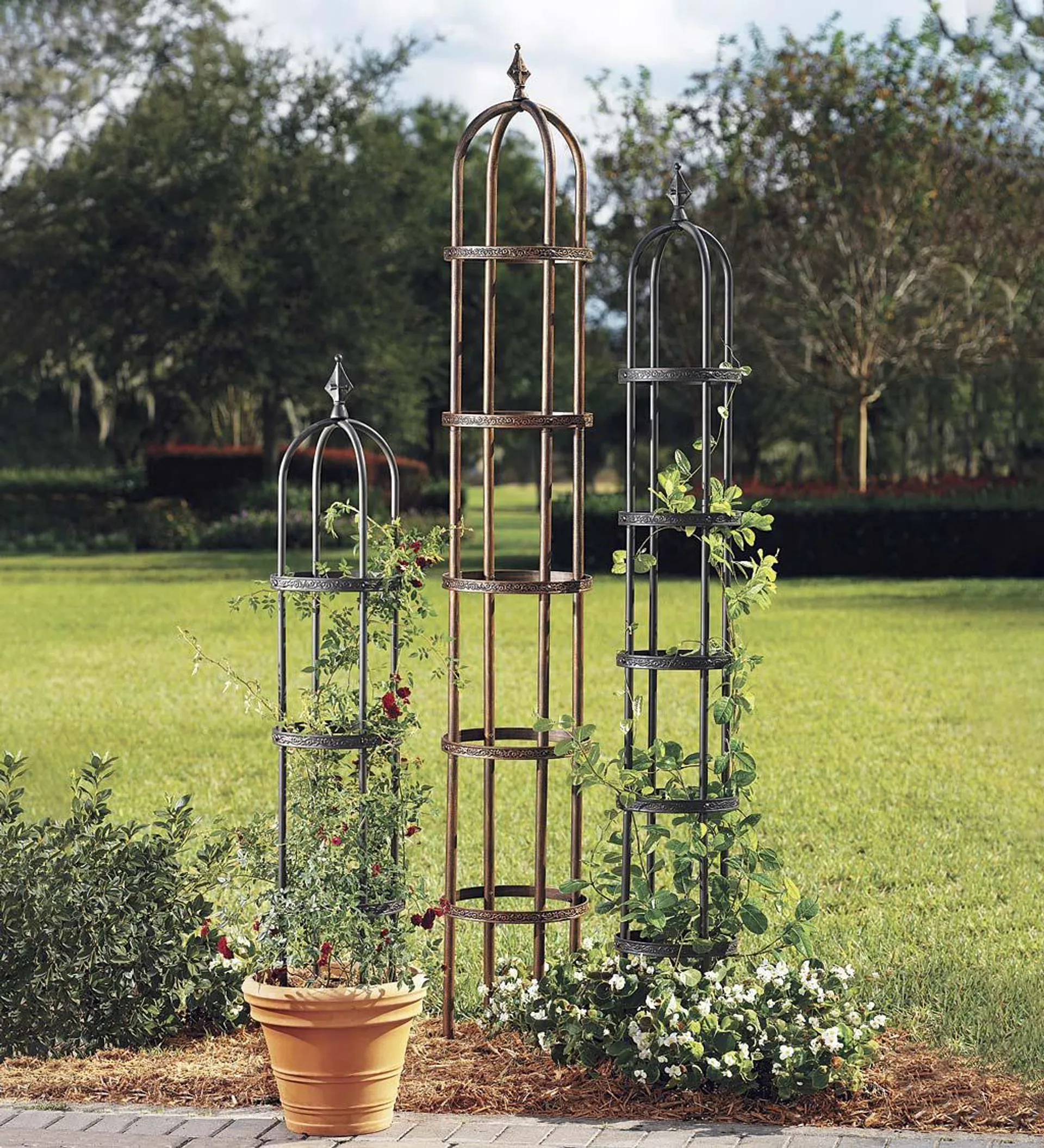 Powder-Coated Steel Garden Obelisks And Basket Planter