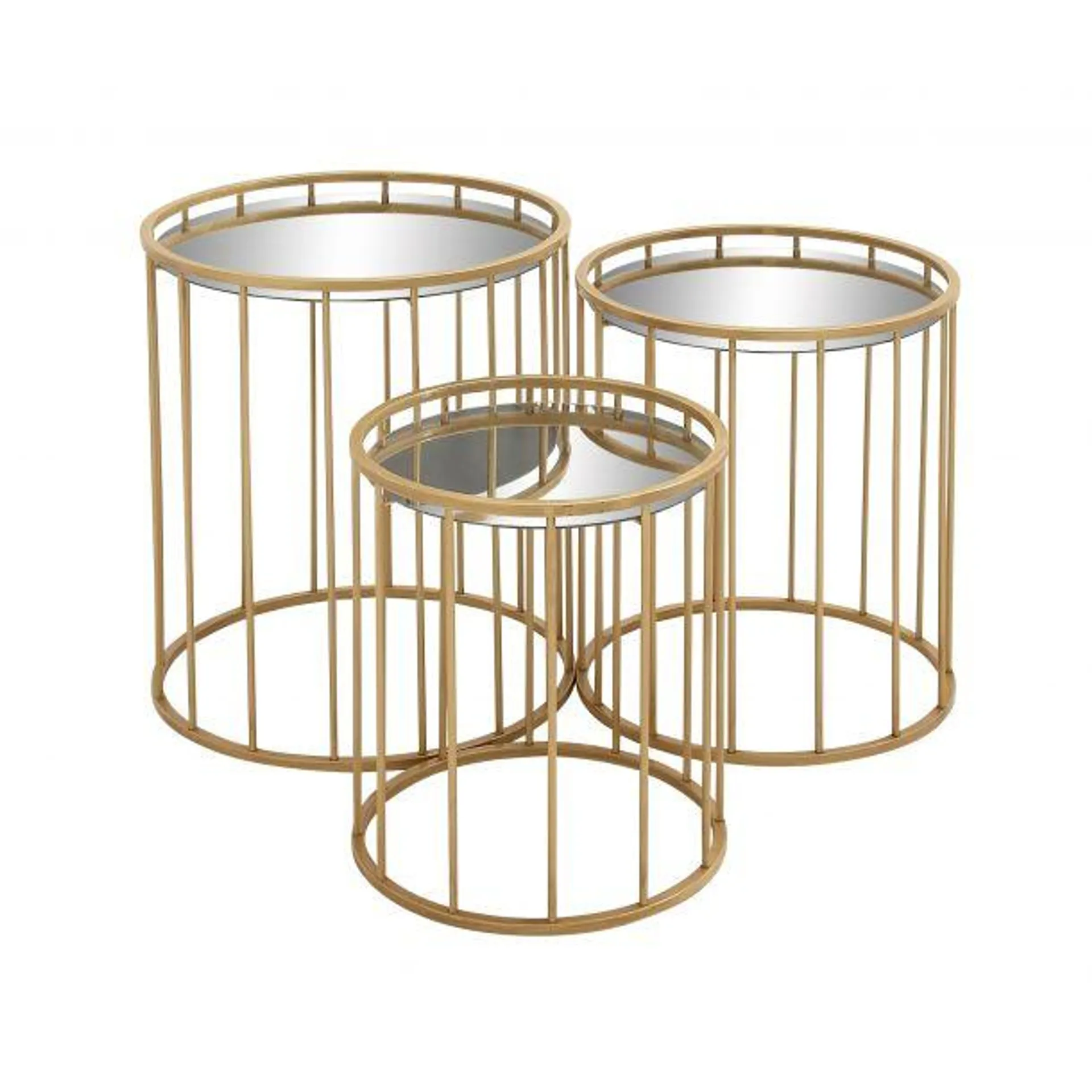 Contemporary Metal Cage Design Accent Table with Mirrored Glass Top by Marisol + Daisy (Set of 3) - Gold