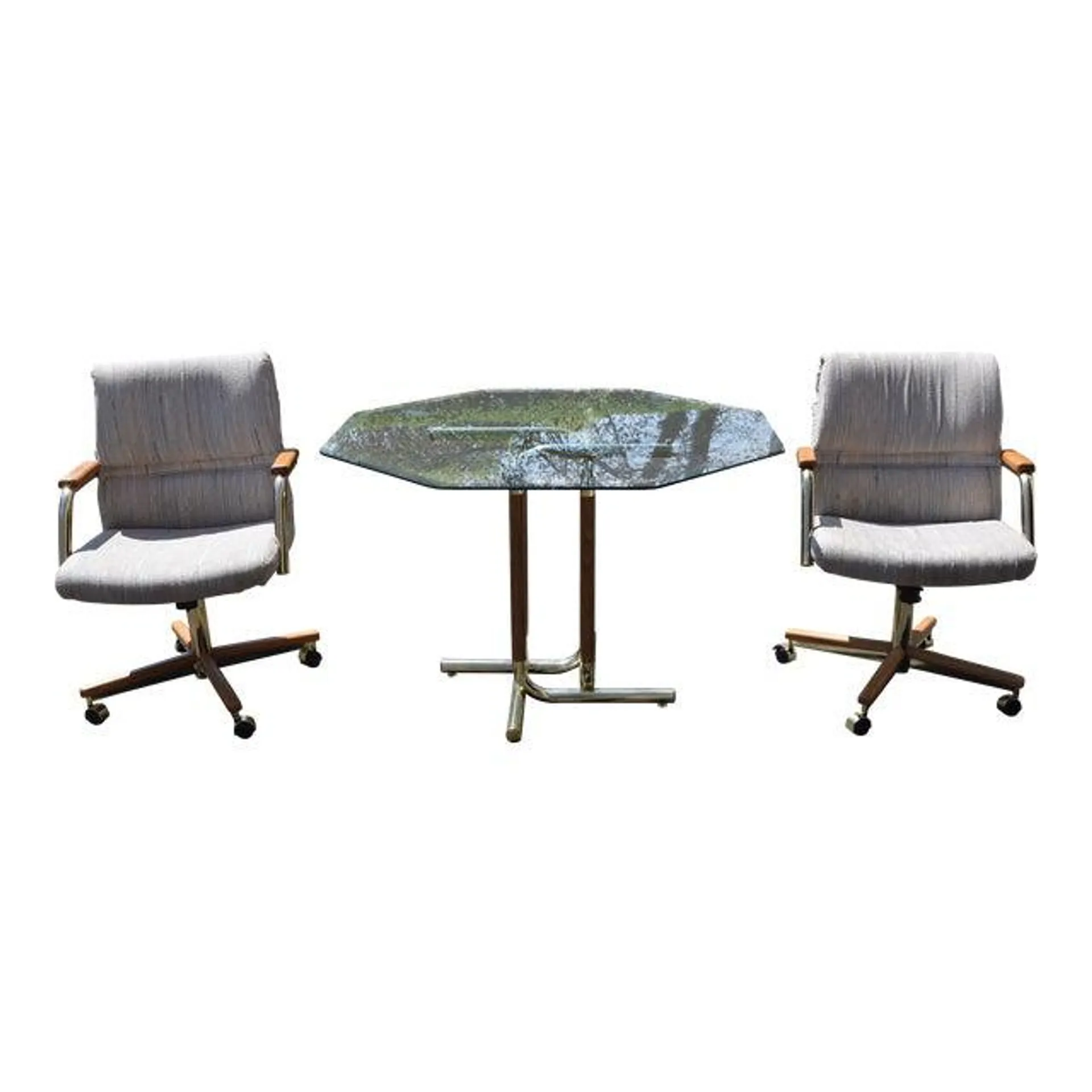 1980s Vintage Chromcraft Brass Legs, Glass Top Mid Century Modern Table with 2 Chairs - Set of 3