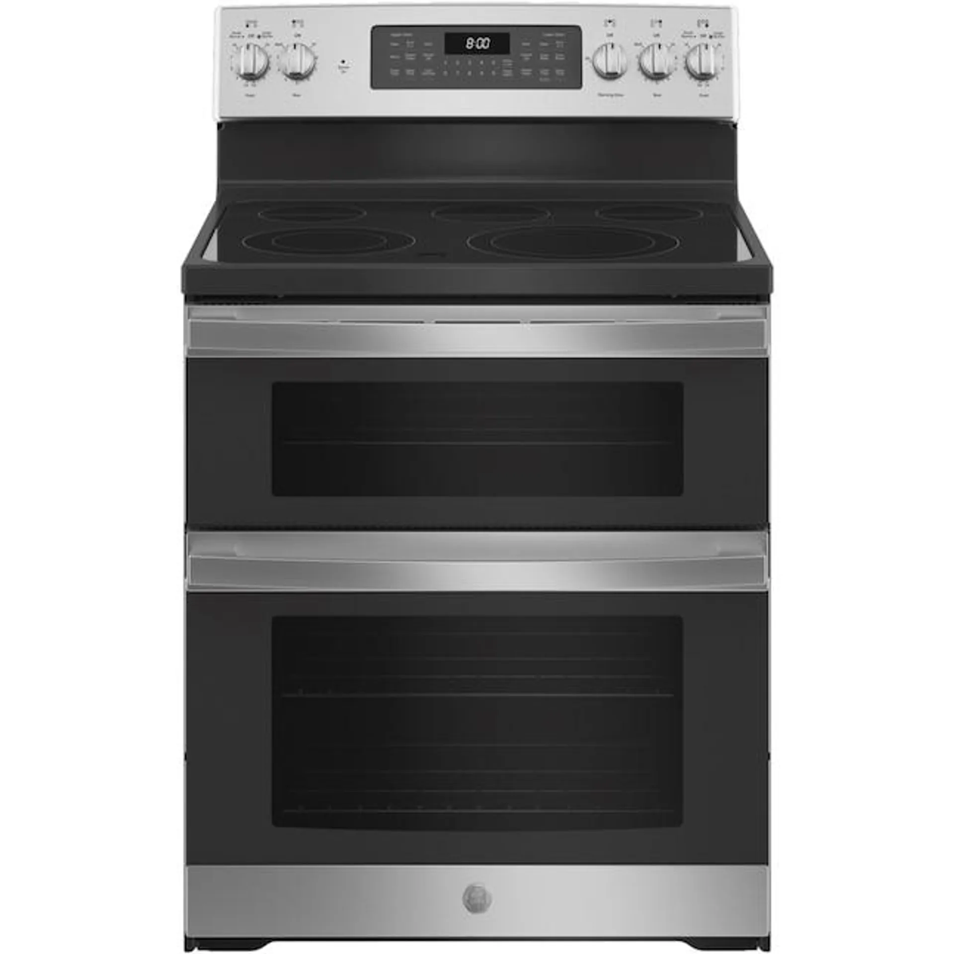 GE 30-in Glass Top 5 Burners 4.4-cu ft / 2.2-cu ft Air Fry Convection Oven Freestanding Double Oven Electric Range (Stainless Steel)