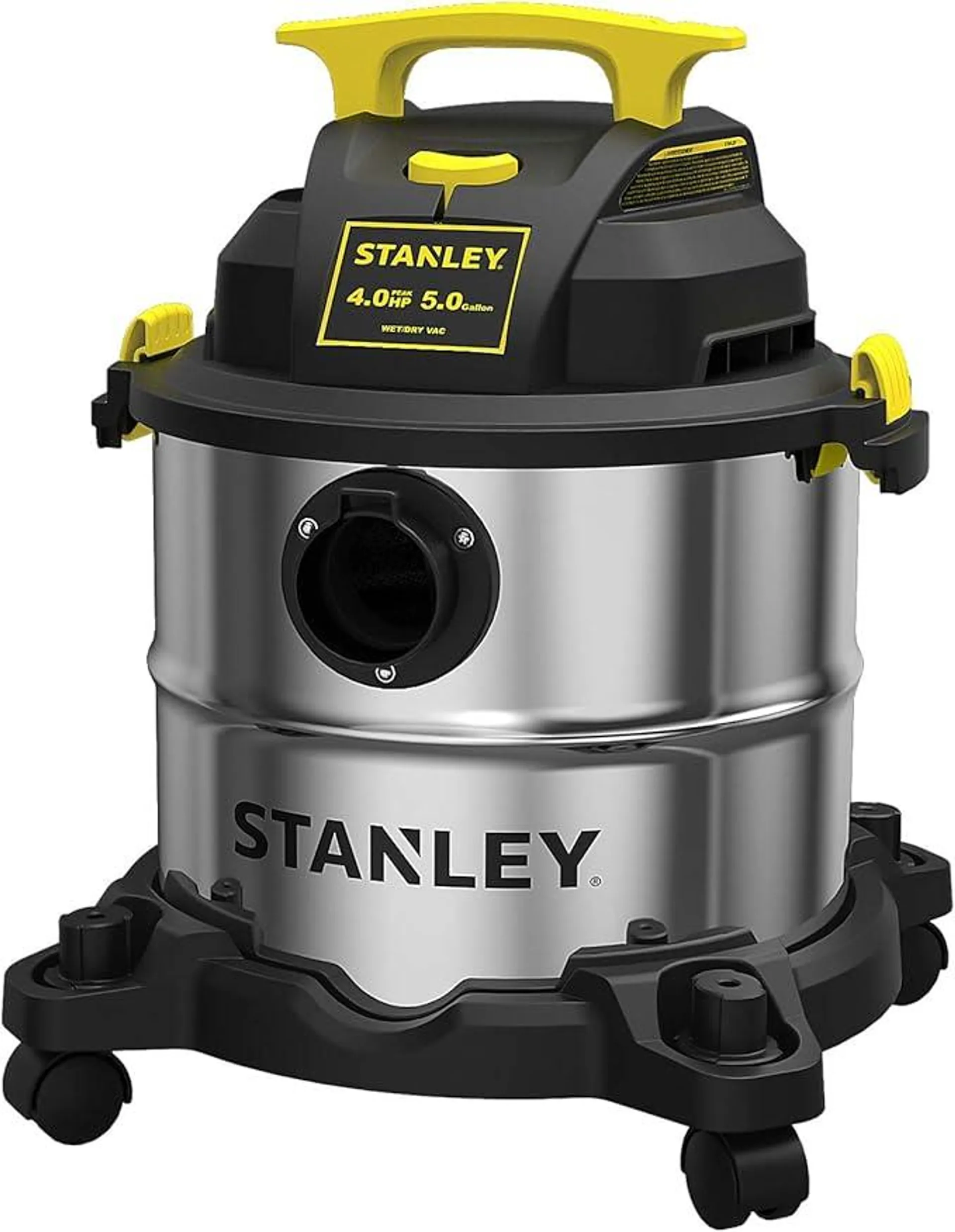 STANLEY SL18115 Wet/Dry Vacuum, 4 Horsepower, Stainless Steel Tank, 5 Gallon, 4.0 HP, 50" Sealed Pressure, Silver+Yellow