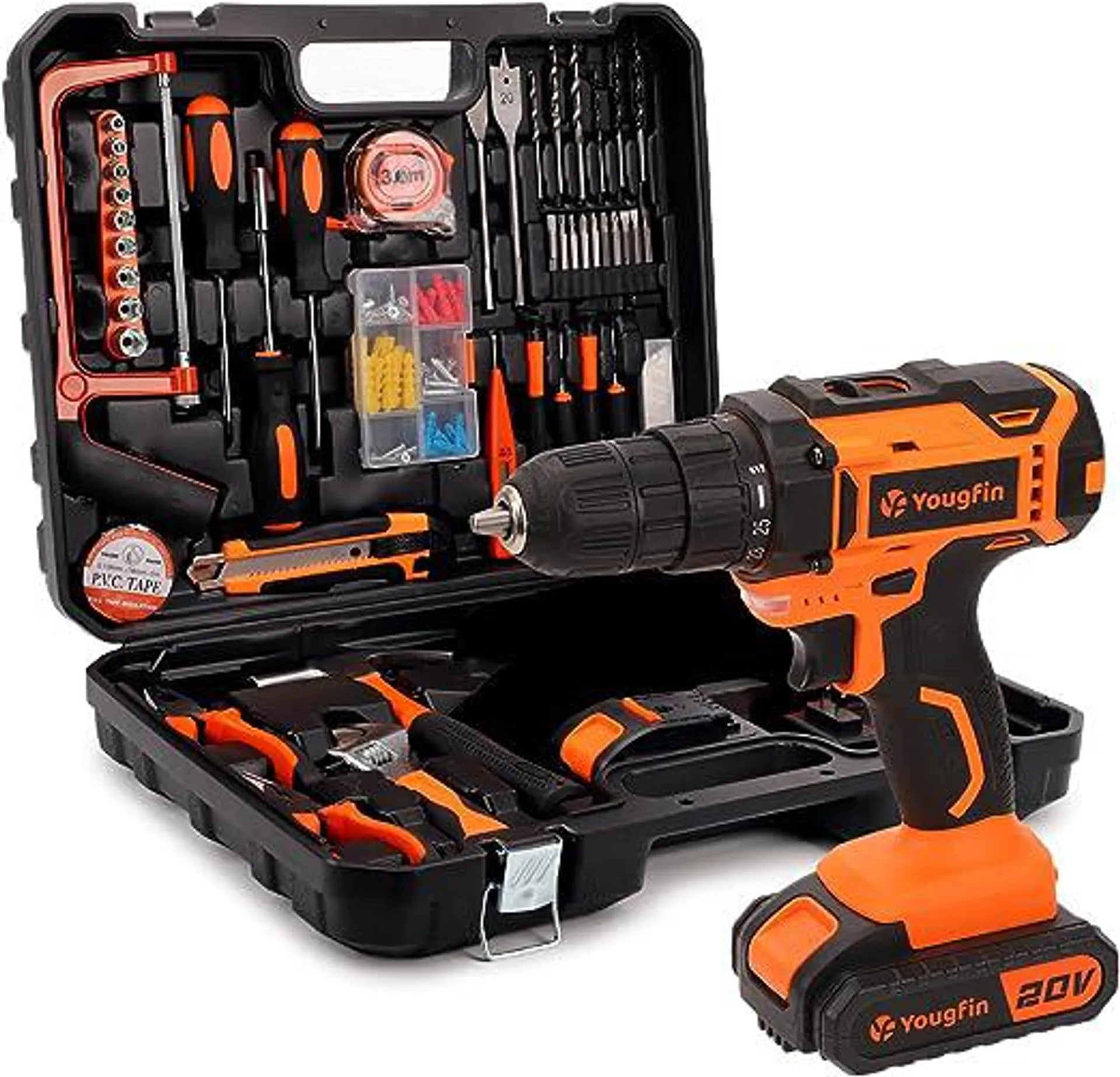 Yougfin 118 Pcs Power Tool Combo Kits with 20V Cordless Drill (3/8") with 2 Pack 1.5Ah Battery & Charger, Professional Household Home Tool Set, DIY Hand Tool Kit for Garden Office House Repair