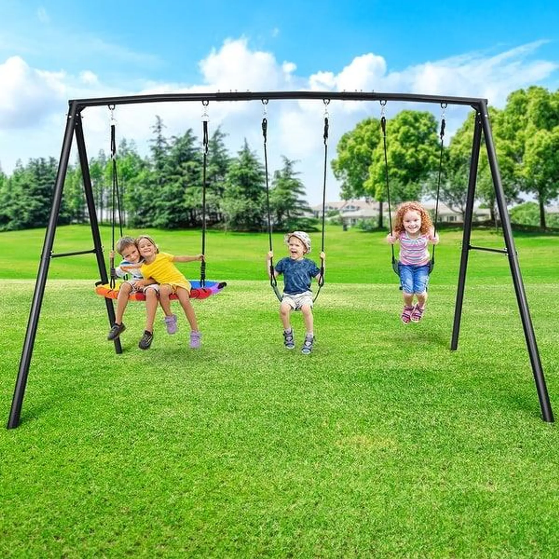 500lb Heavy Duty Swing Set for Backyard with Saucer Swing, 2 Belt Swings - N/A