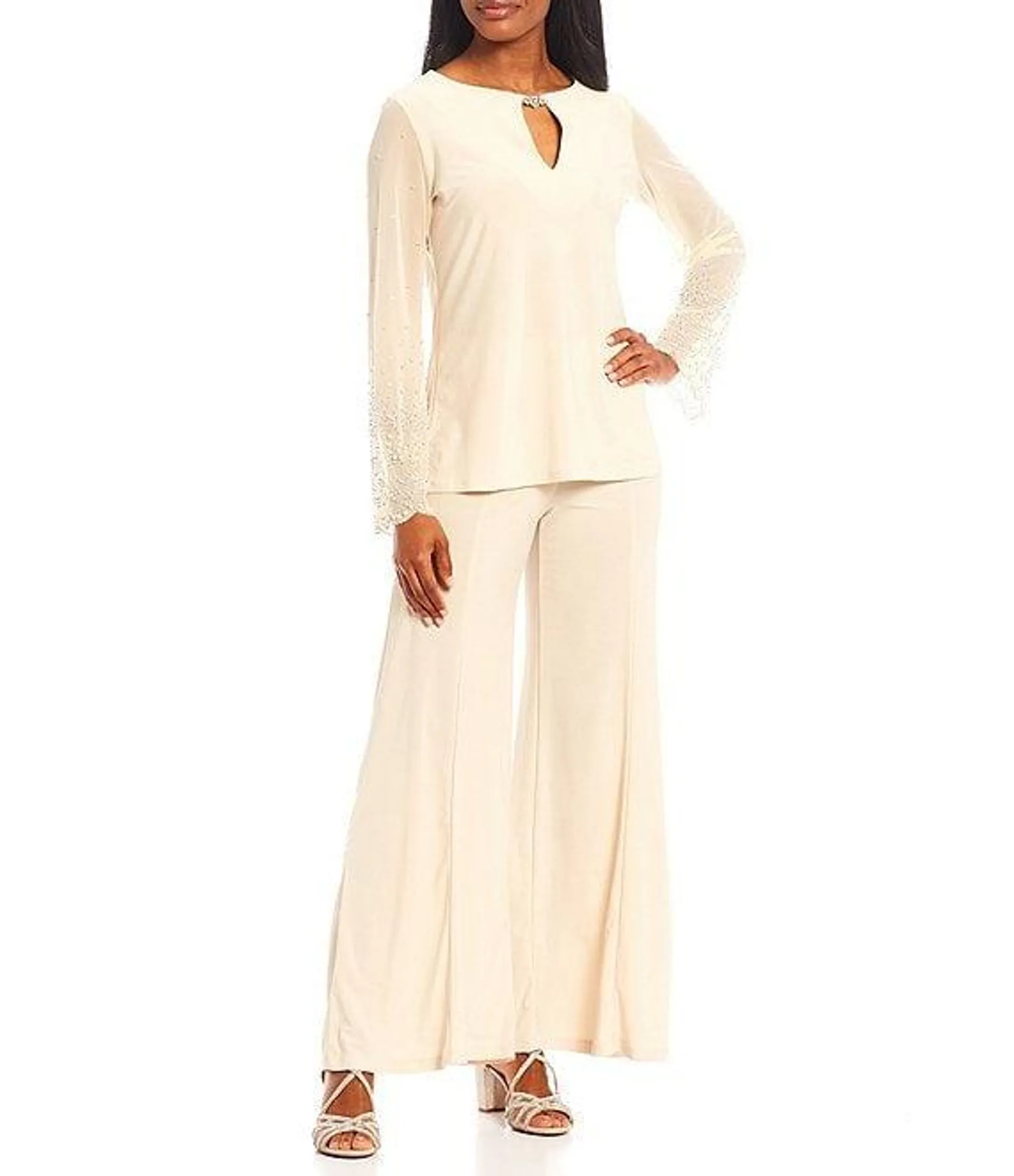 Keyhole Rhinestone Neck Beaded Bell Long Sleeve Matte Jersey 2-Piece Pant Set