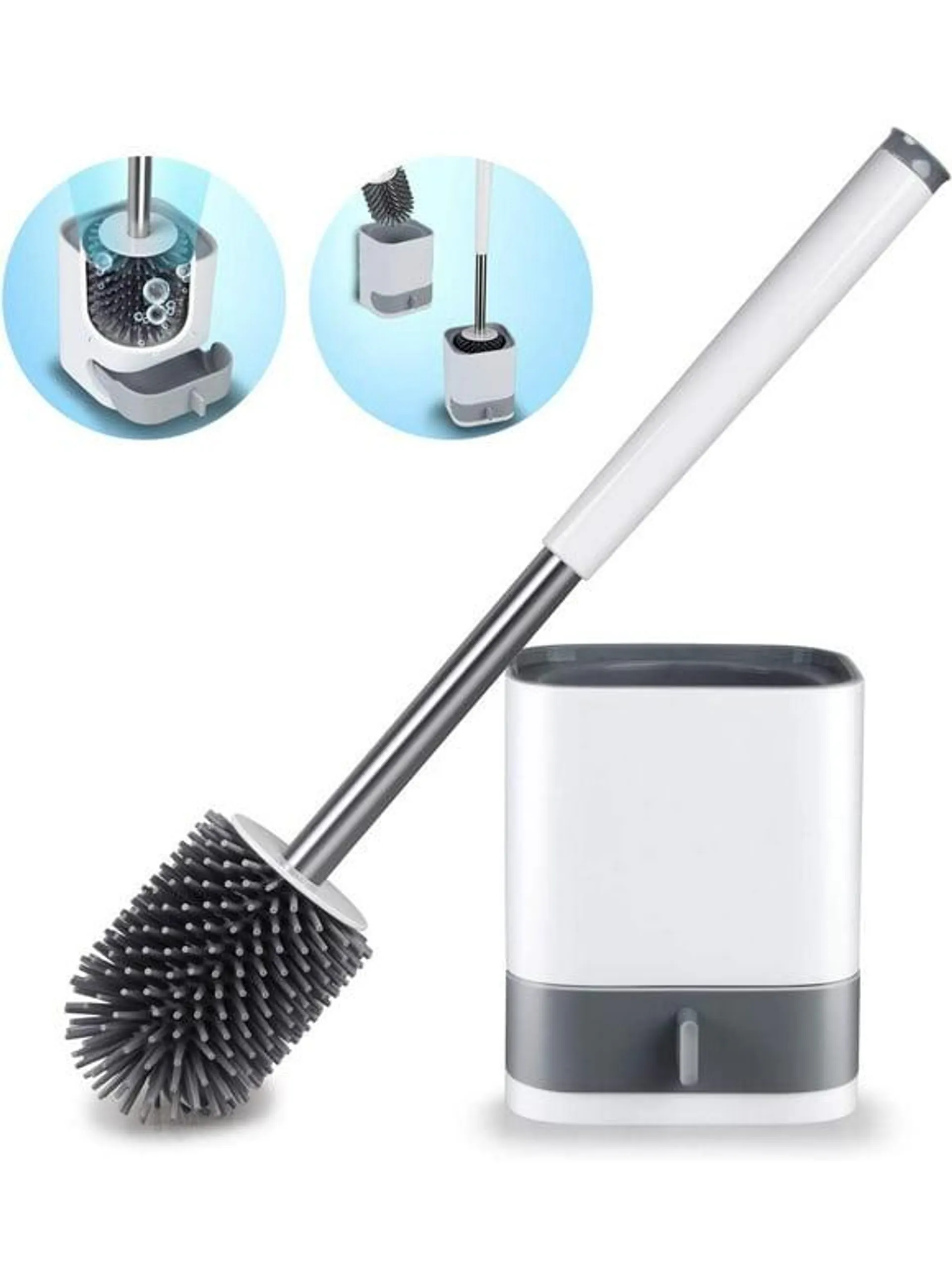 BCOOSS Toilet Brush and Holder Set, Bathroom Toilet Bowl Brush and Caddy Cleaner Anti Slip with Sturdy Soft Silicone Bristle Removable Water Drawer Quick Drying (White)