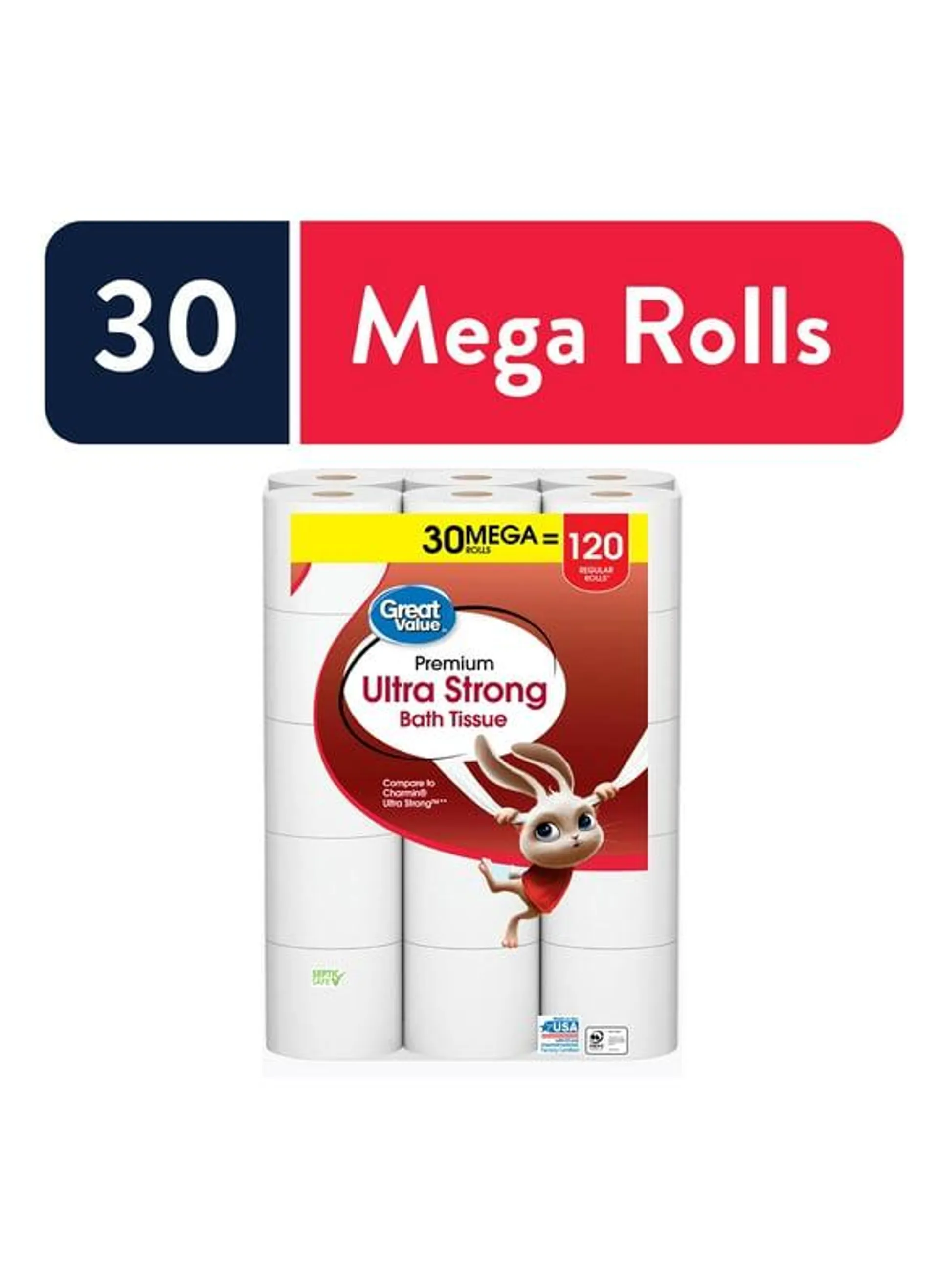 Great Value Ultra Strong Toilet Paper, 30 Mega Rolls