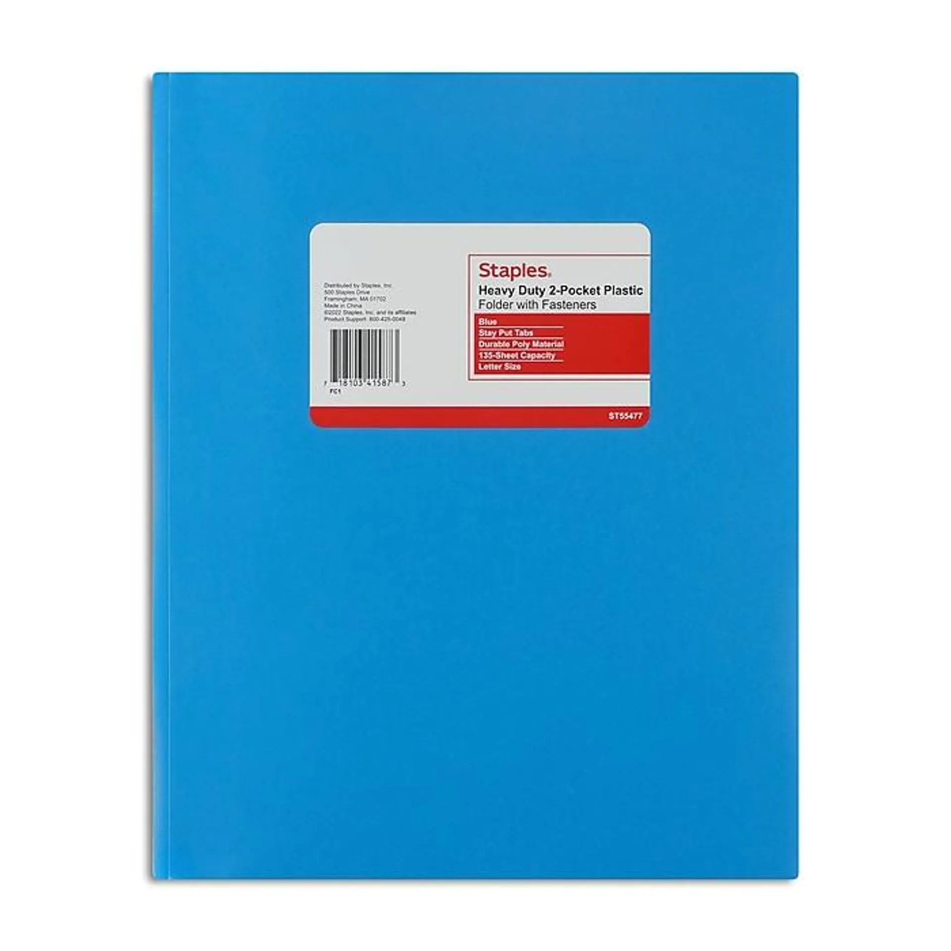 Staples Matte 2-Pocket Plastic Portfolio Folder with Fasteners, Blue (ST55477-CC)