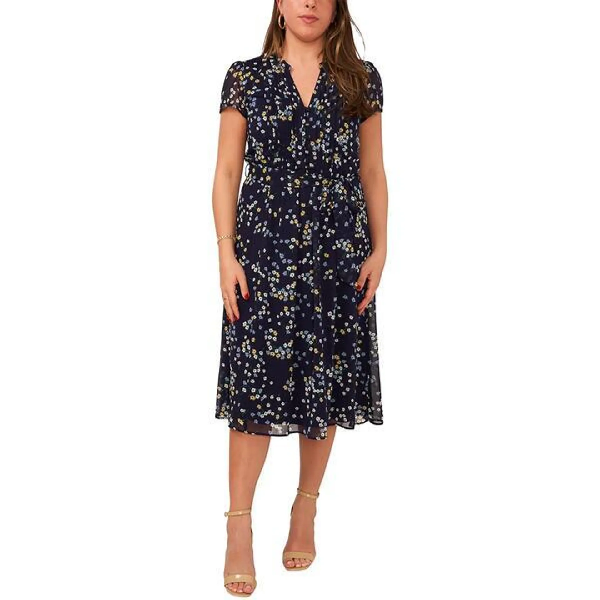 Plus Size MSK Short Sleeve Floral Chiffon Pintuck Midi Dress