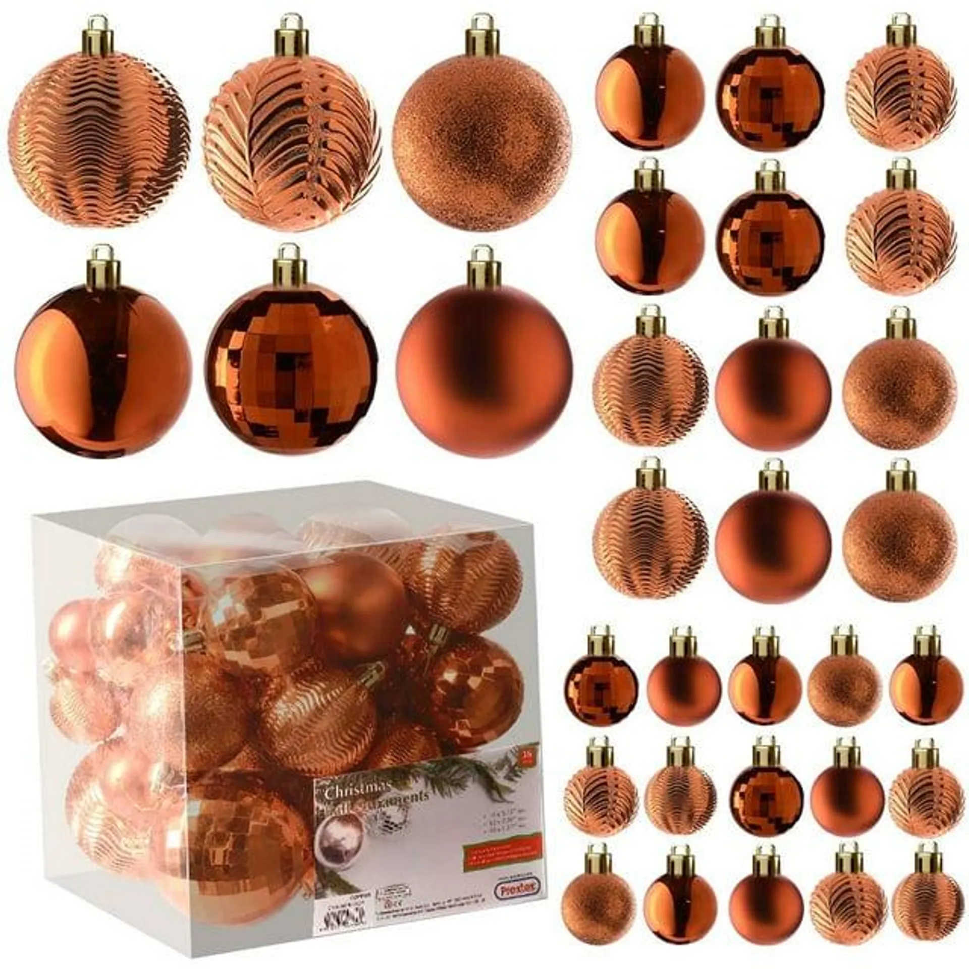 Prextex Copper Christmas Ball Ornaments for Christmas Decorations - 36 Pieces Xmas Tree Shatterproof Ornaments with Hanging Loop for Holiday and Party Decoration (Combo of 6 Styles in 3 Sizes)