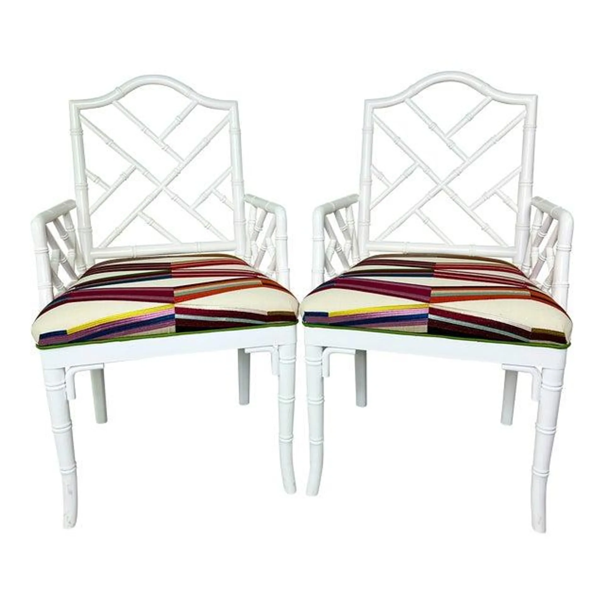 Chippendale Style White Bamboo Pierre Frey Carriacou Chair Pair