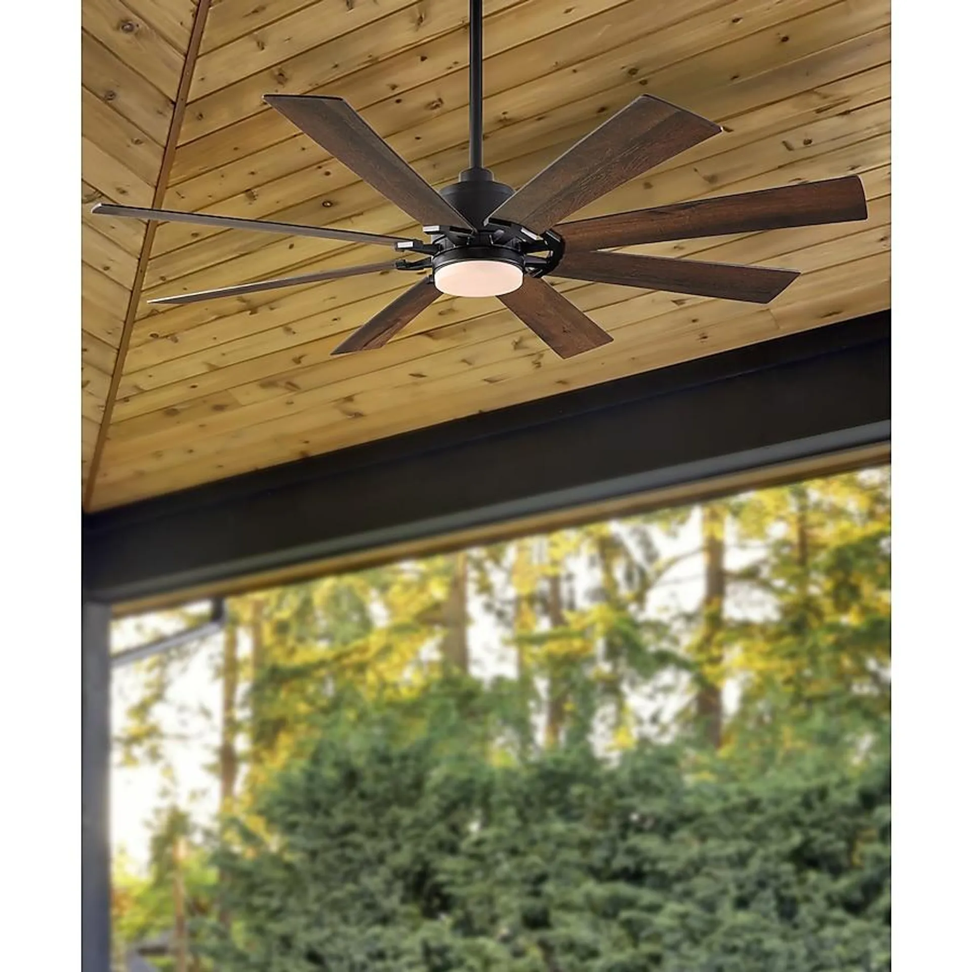 Harbor Breeze Talamore 60-in Matte Black with Auburn/Weathered Oak Blades Color-changing Integrated LED Indoor/Outdoor Downrod or Flush Mount Ceiling Fan with Light and Remote (8-Blade)