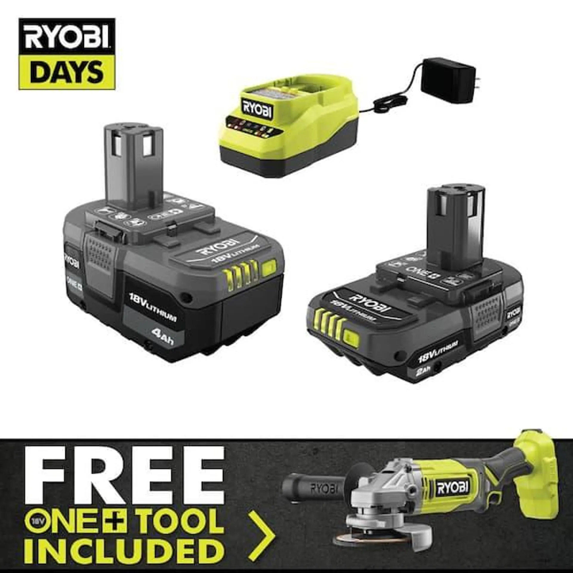 ONE+ 18V Lithium-Ion 4.0 Ah Battery, 2.0 Ah Battery, and Charger Kit with FREE ONE+ Cordless 4-1/2 in. Angle Grinder