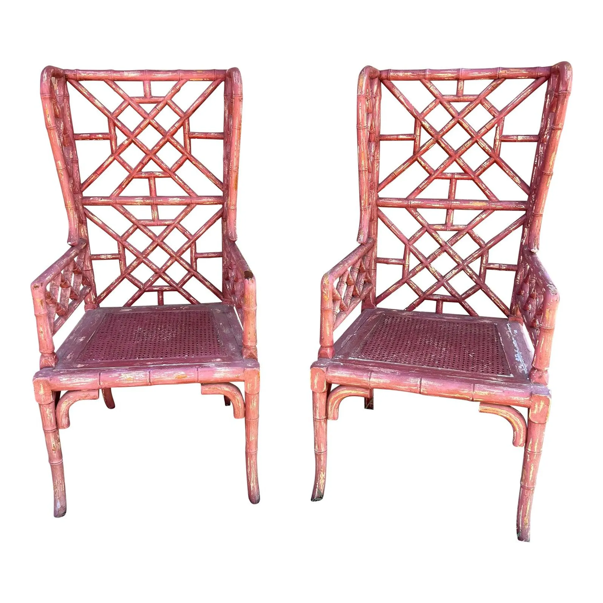 Chinoiserie Faux Bamboo Wingback Chairs Guildmaster Distressed Red Double Rattan Seat - Set of 2