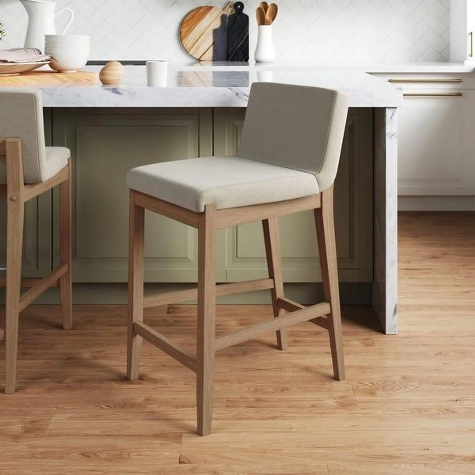 Gracie Modern Bar Stool, Boucle Upholstered Chair and Brushed Wooden Legs