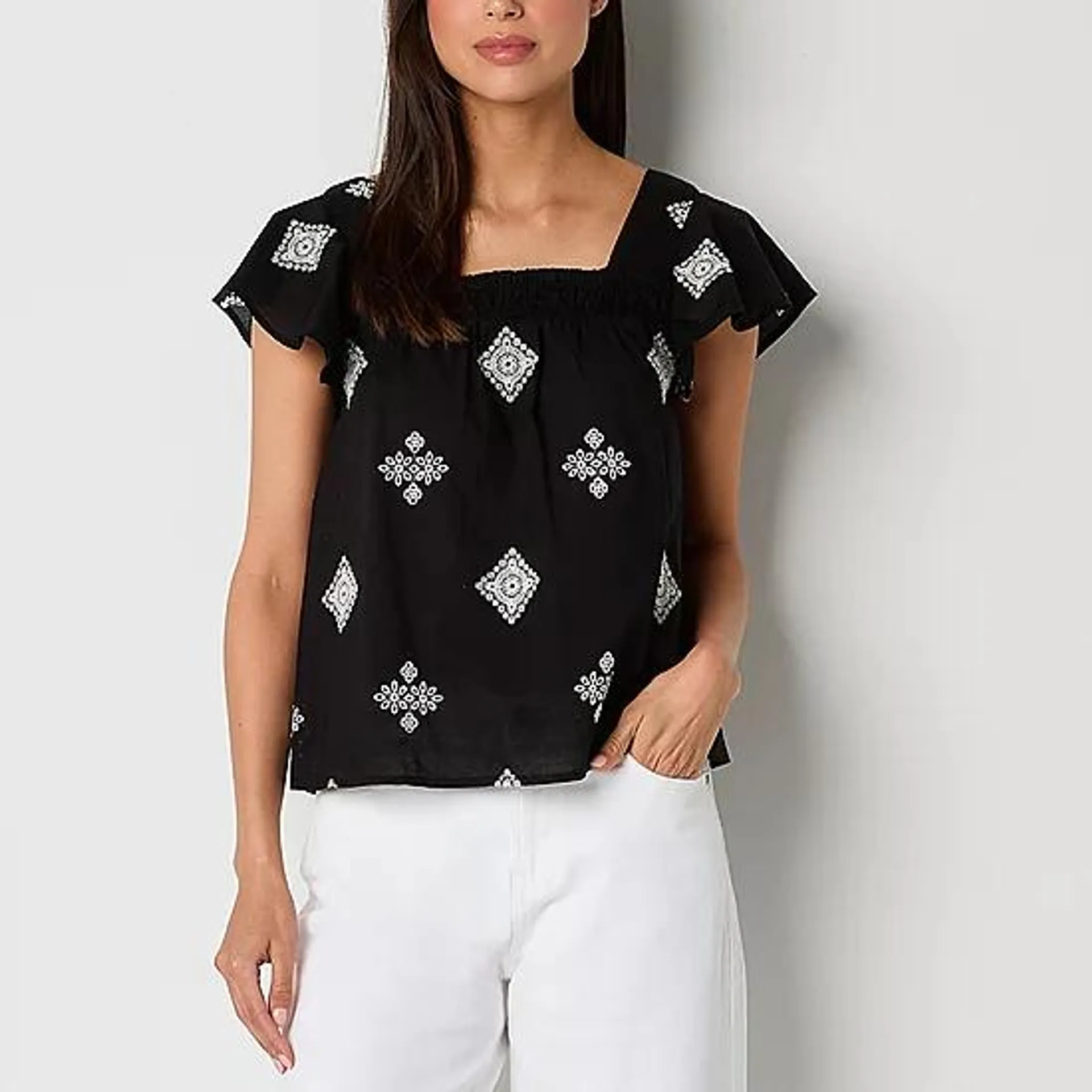 a.n.a Womens Square Neck Short Sleeve Embroidered Top