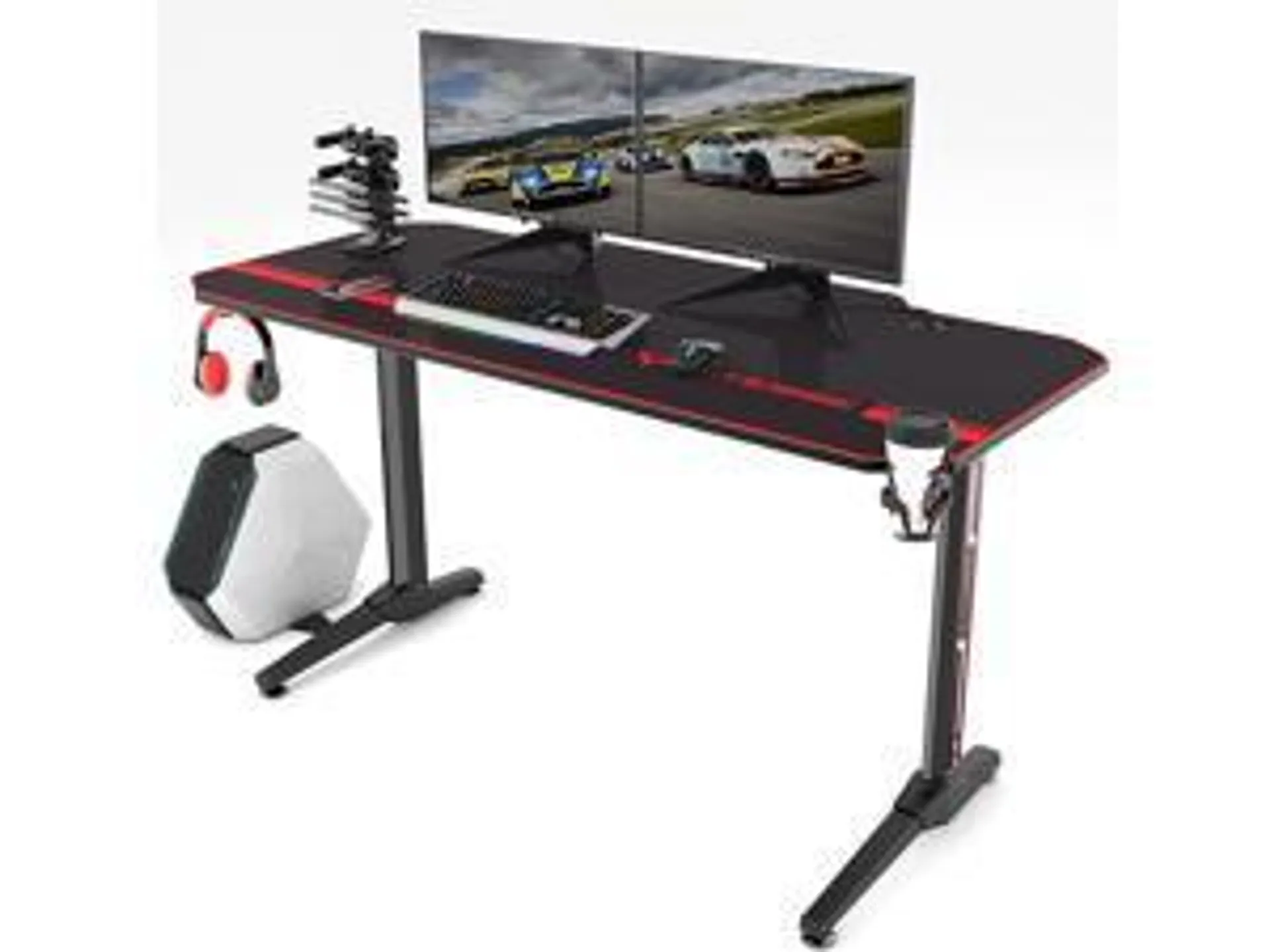 Vitesse 55 inch Gaming Desk, Ergonomic Office PC Computer Desk with Full Desk Mouse Pad, T-Shaped Gamer Tables Pro with Gaming Handle Rack, Stand Cup Holder&Headphone Hook