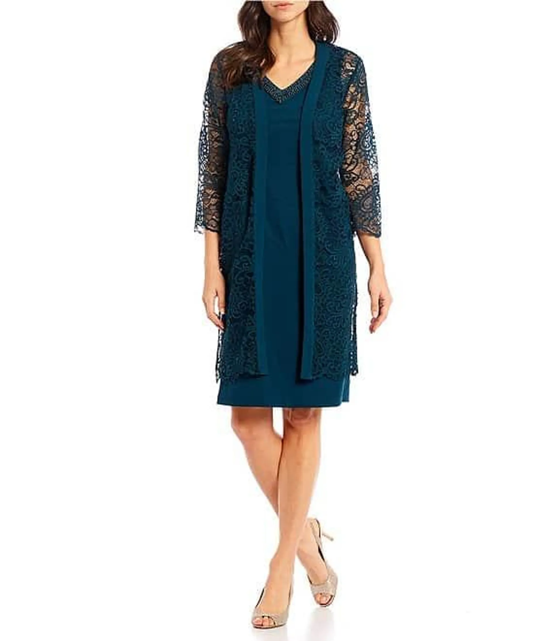 Stretch Knit Scalloped Floral Lace V-Neck Beaded Trim 3/4 Sleeve Scalloped Hem 2-Piece Jacket Dress