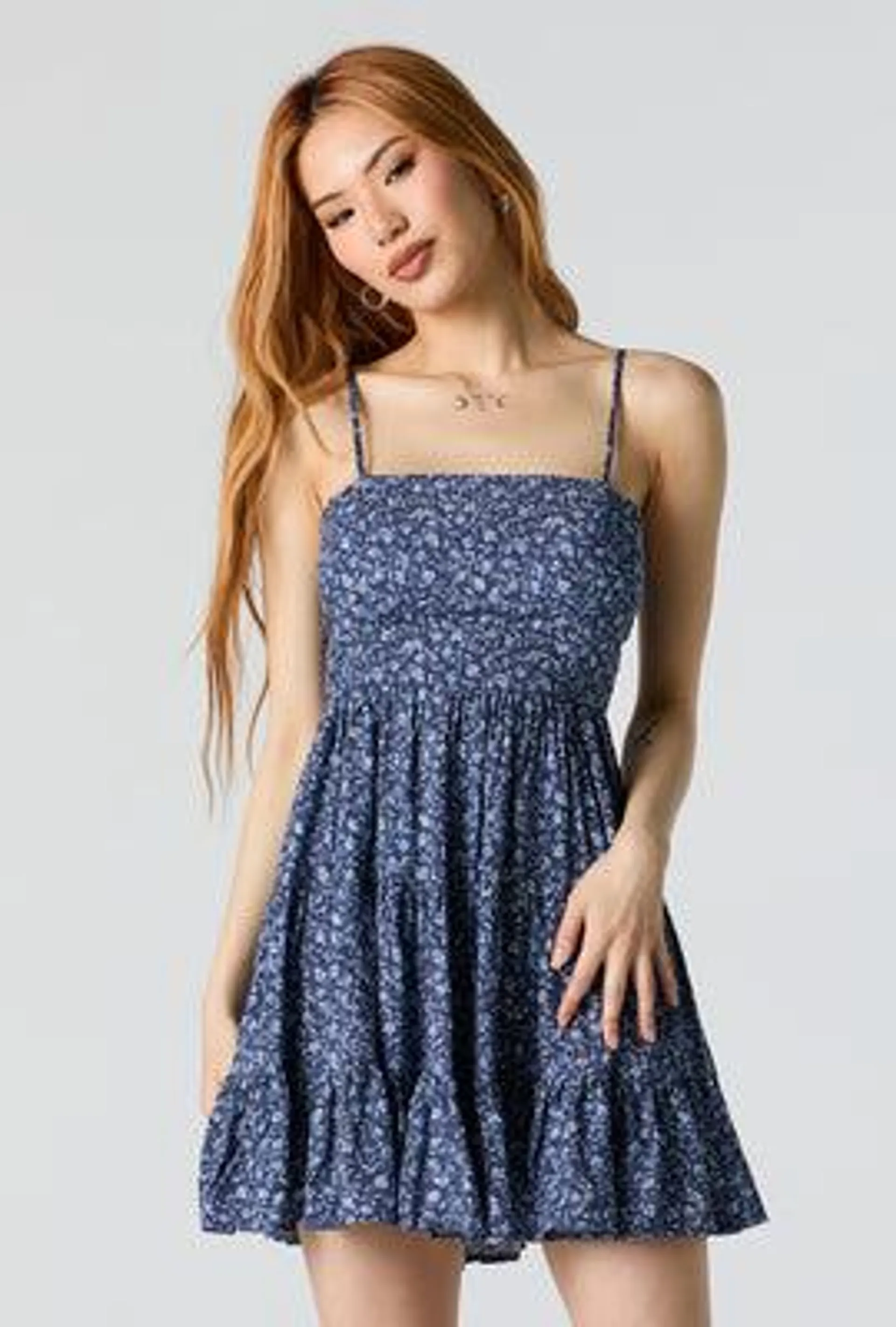 Blue Floral Tiered Mini Dress with Built In Bra Cups