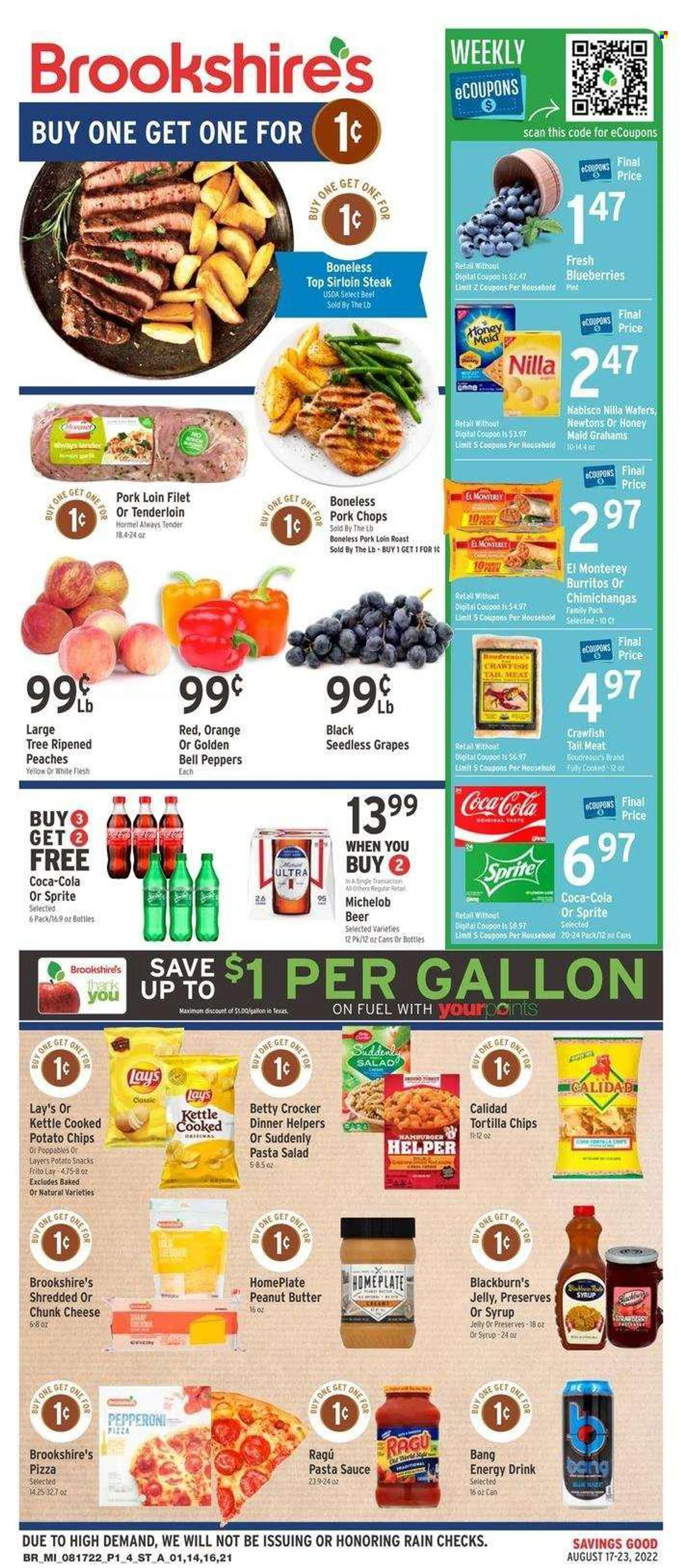Brookshires Flyer - 08/17/2022 - 08/23/2022 - Sales products - bell peppers, salad, peppers, blueberries, grapes, seedless grapes, orange, pizza, pasta sauce, hamburger, sauce, burrito, Hormel, ragú pasta, pepperoni, pasta salad, chunk cheese, crawfish, w