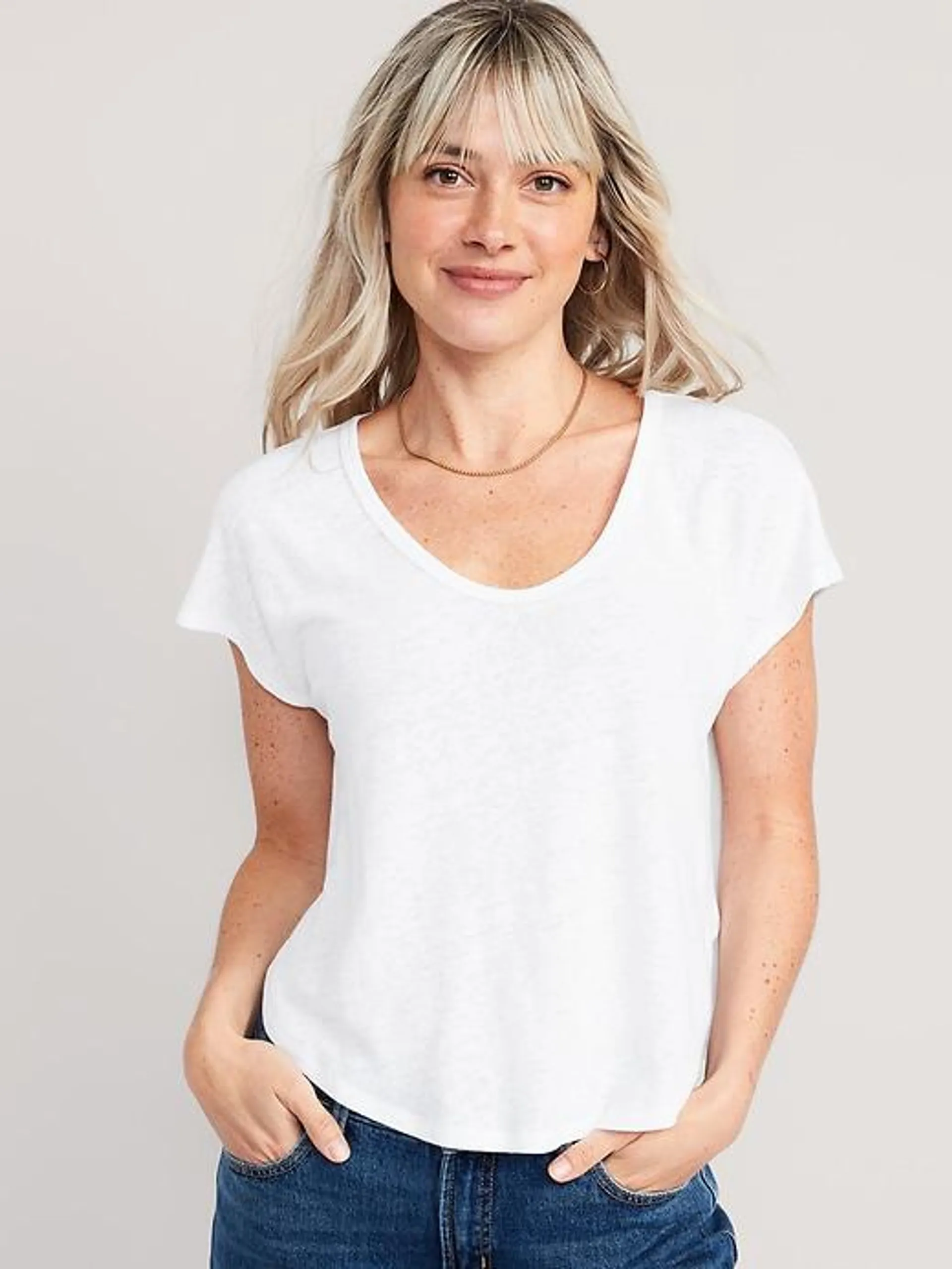 Linen-Blend Cropped Voop-Neck T-Shirt for Women