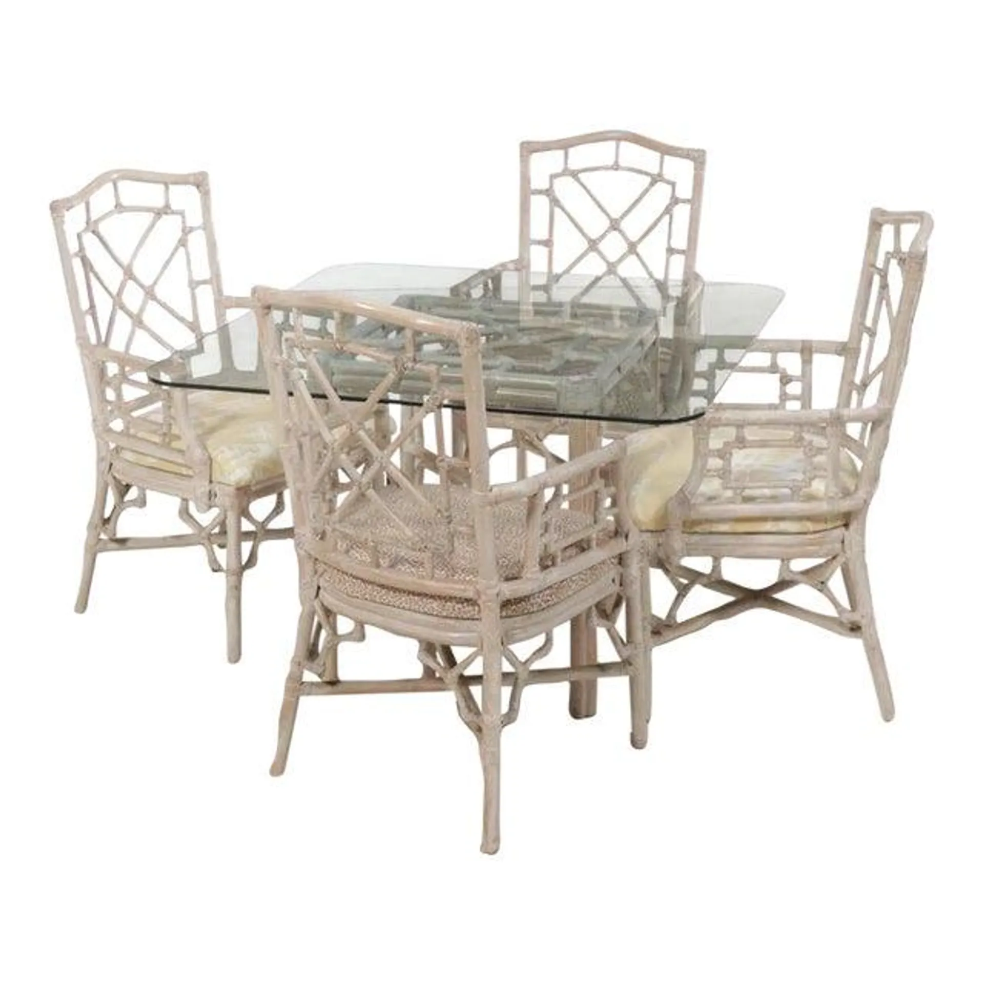 Chinese Chippendale Rattan and Leather Whitewashed Dining Set - 5 Pieces