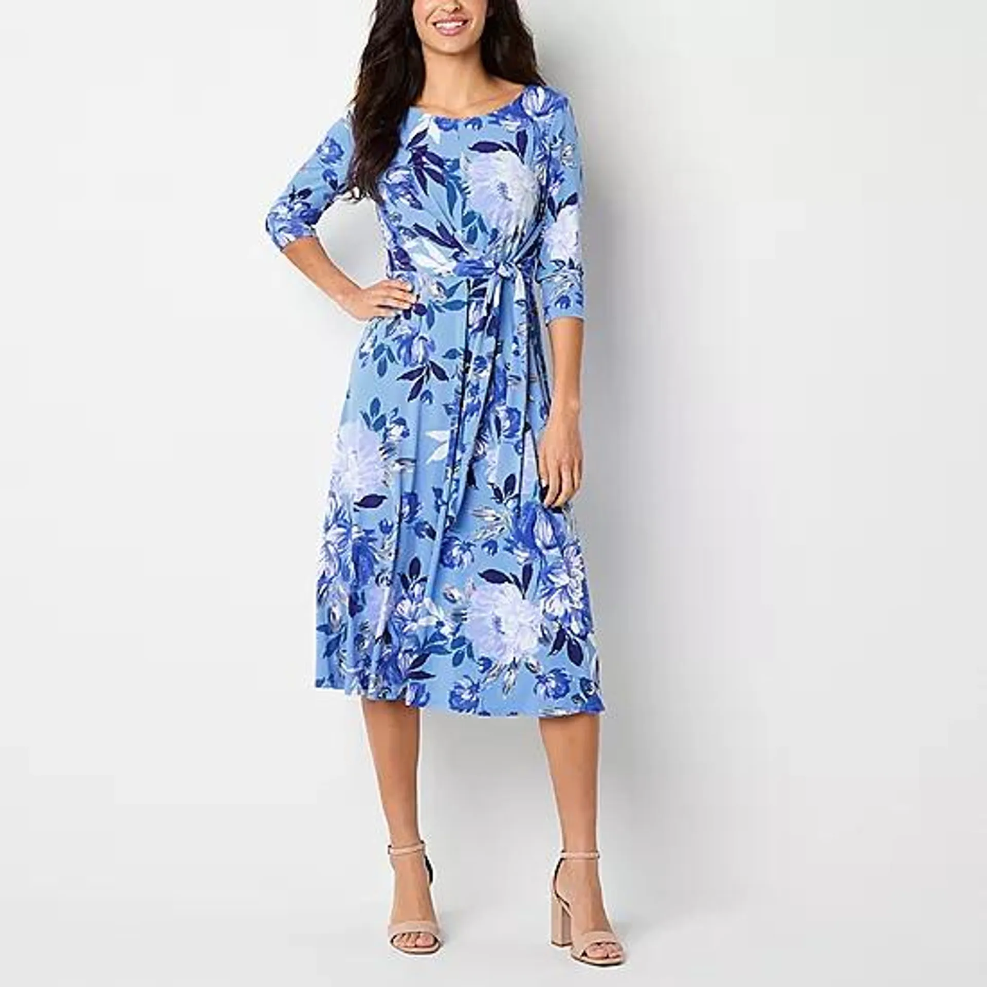 Perceptions Womens 3/4 Sleeve Floral Midi Fit + Flare Dress