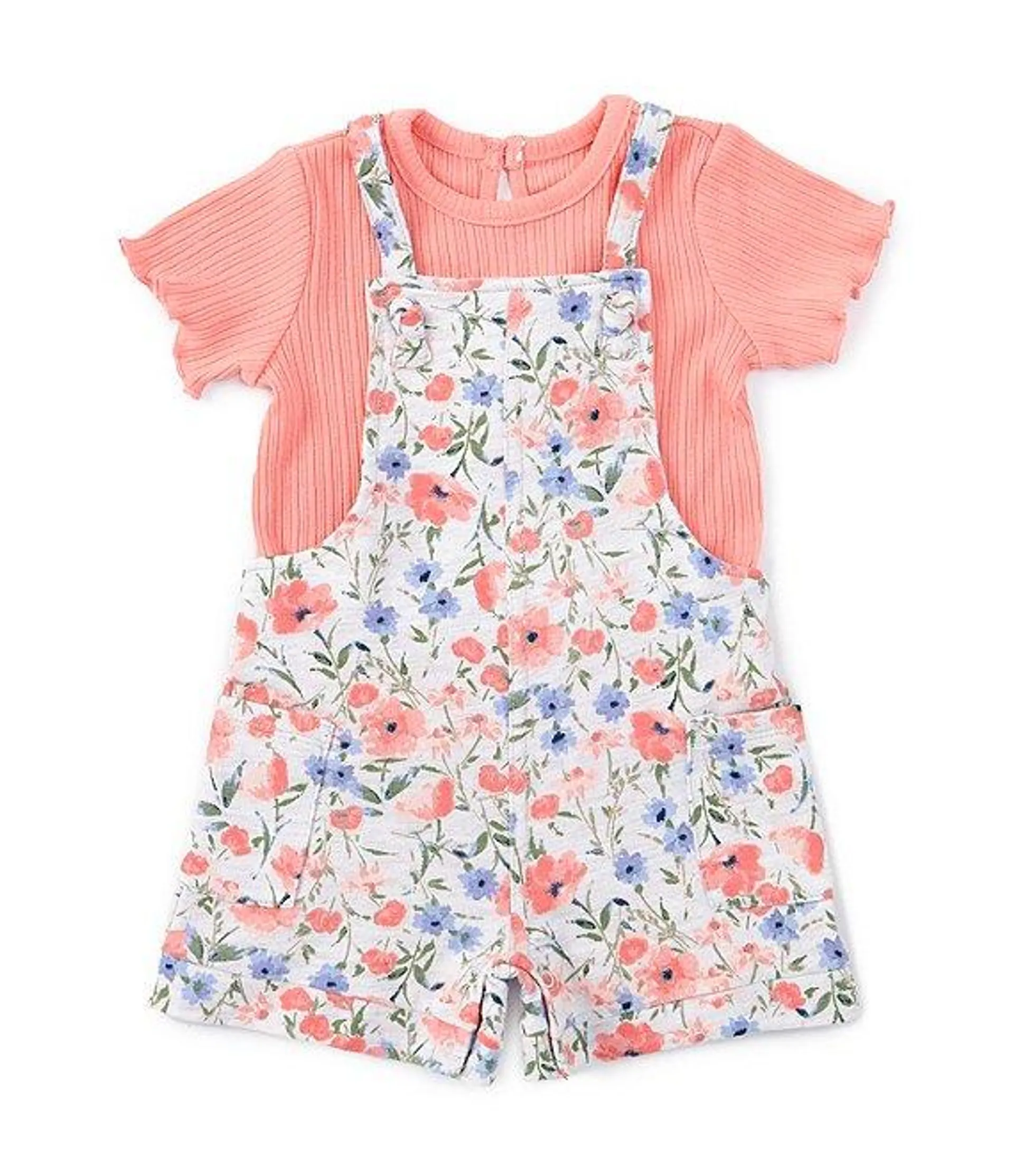 Baby Girls 12-24 Months Sleeveless Floral-Printed Knit Romper & Short-Sleeve Solid Rib-Knit T-Shirt Set