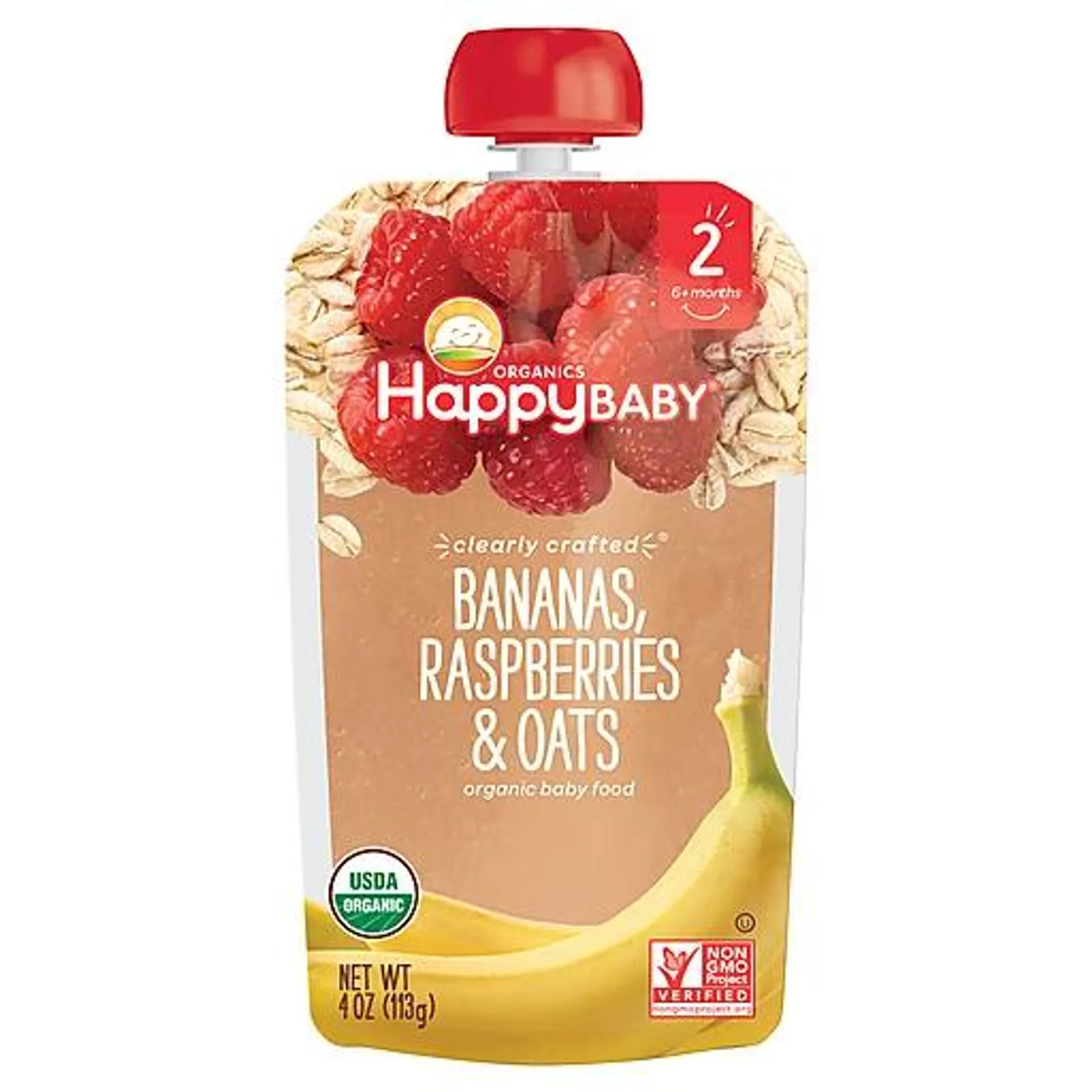 Happy Baby Organics Non-GMO Bananas Raspberries & Oats Stage 2 Baby Food 4 oz bag