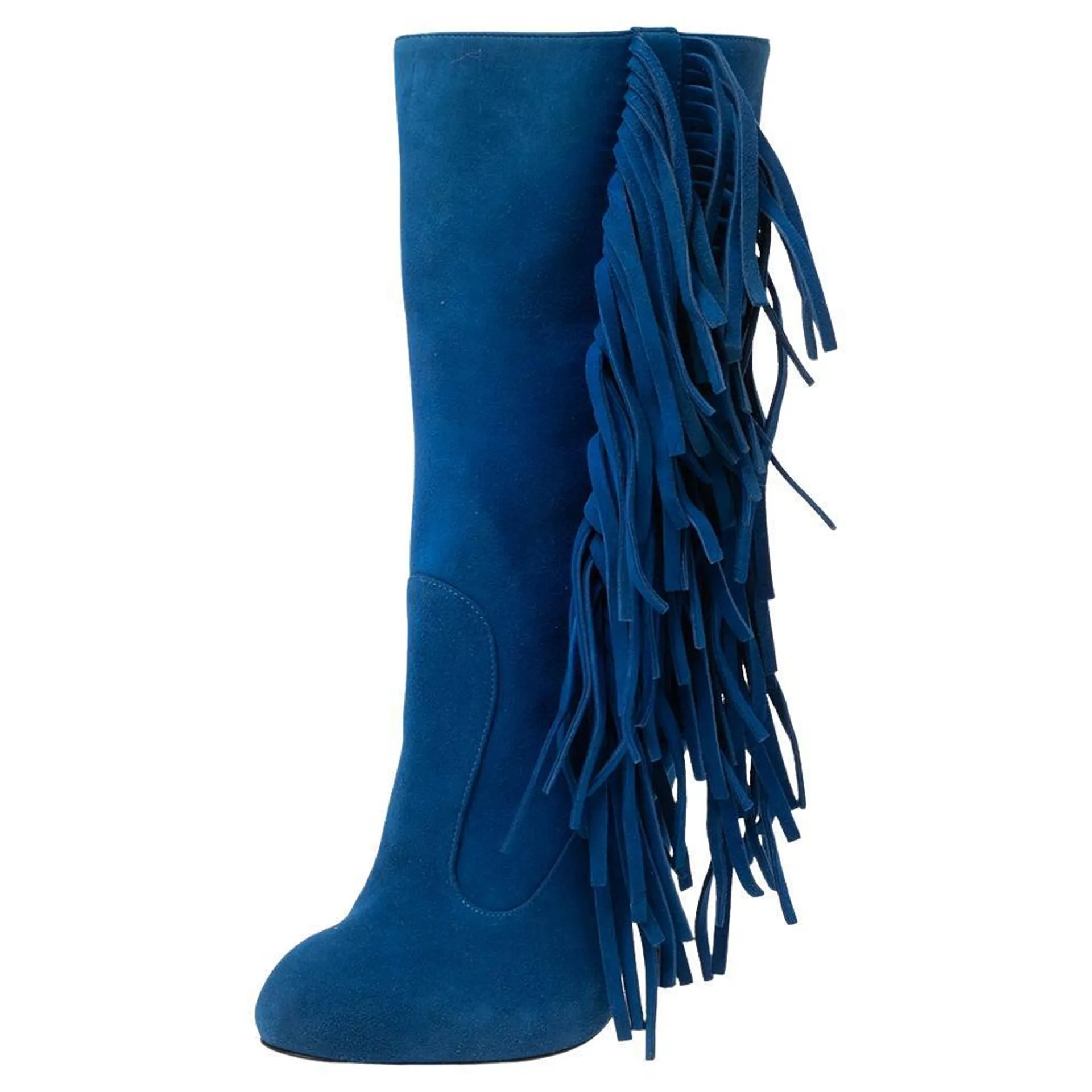 Giuseppe Zanotti Blue Suede Fringe Detail Mid Calf Boots Size 37