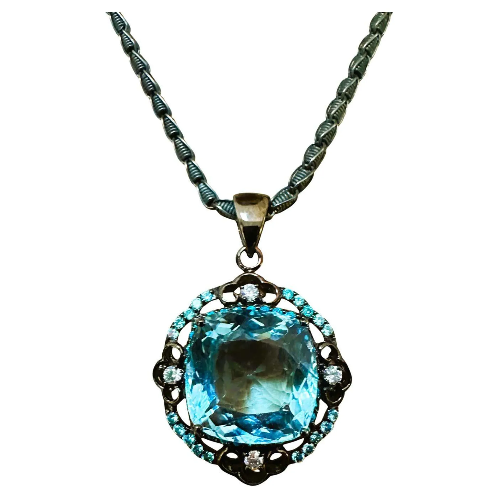 New 31 Carat Aquamarine & Diamond Cut Topaz Oxi Black Sterling Pendant Necklace