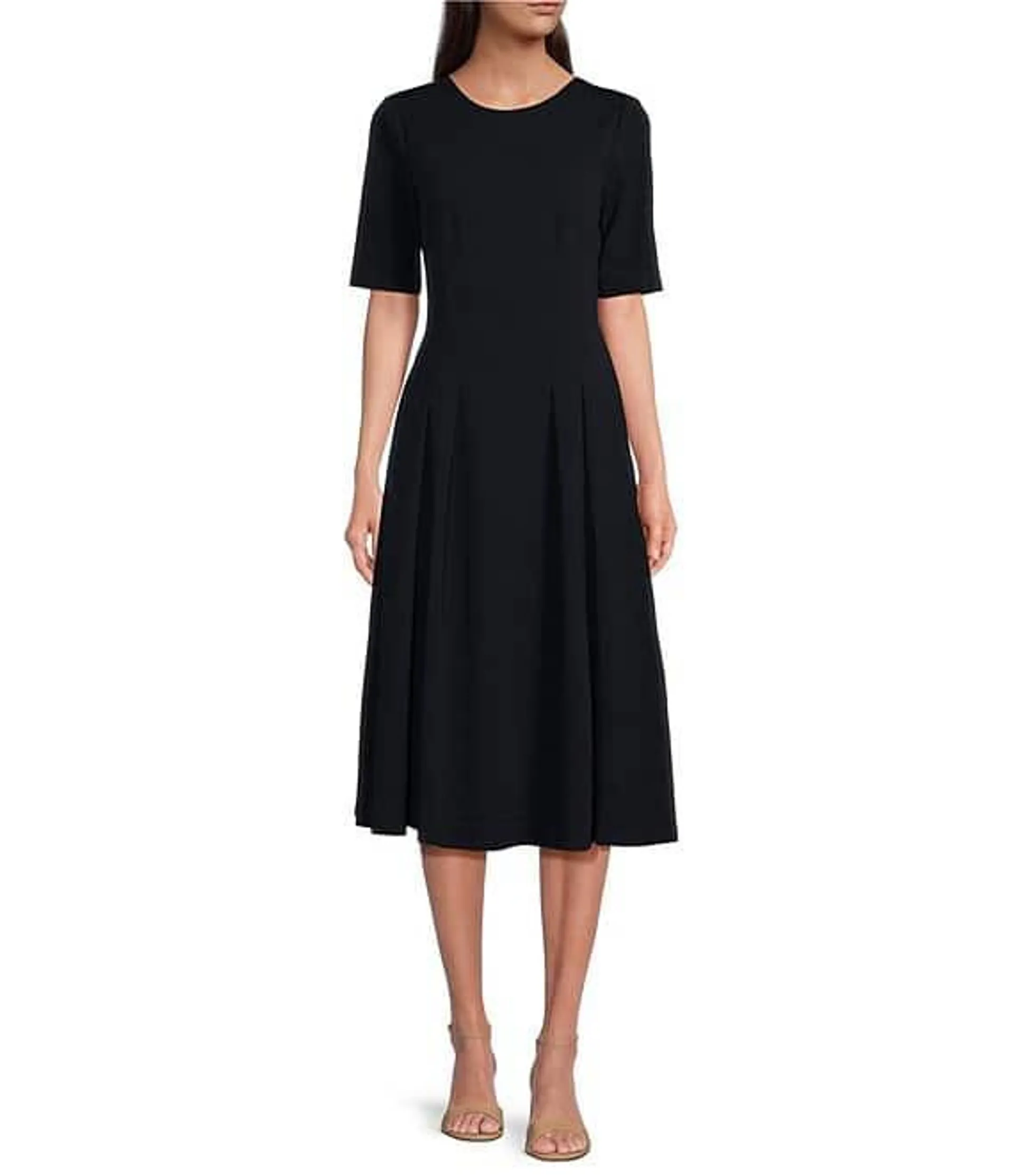 Short Sleeve Crew Neck Double Pleat Stretch Crepe Midi A-Line Midi Dress