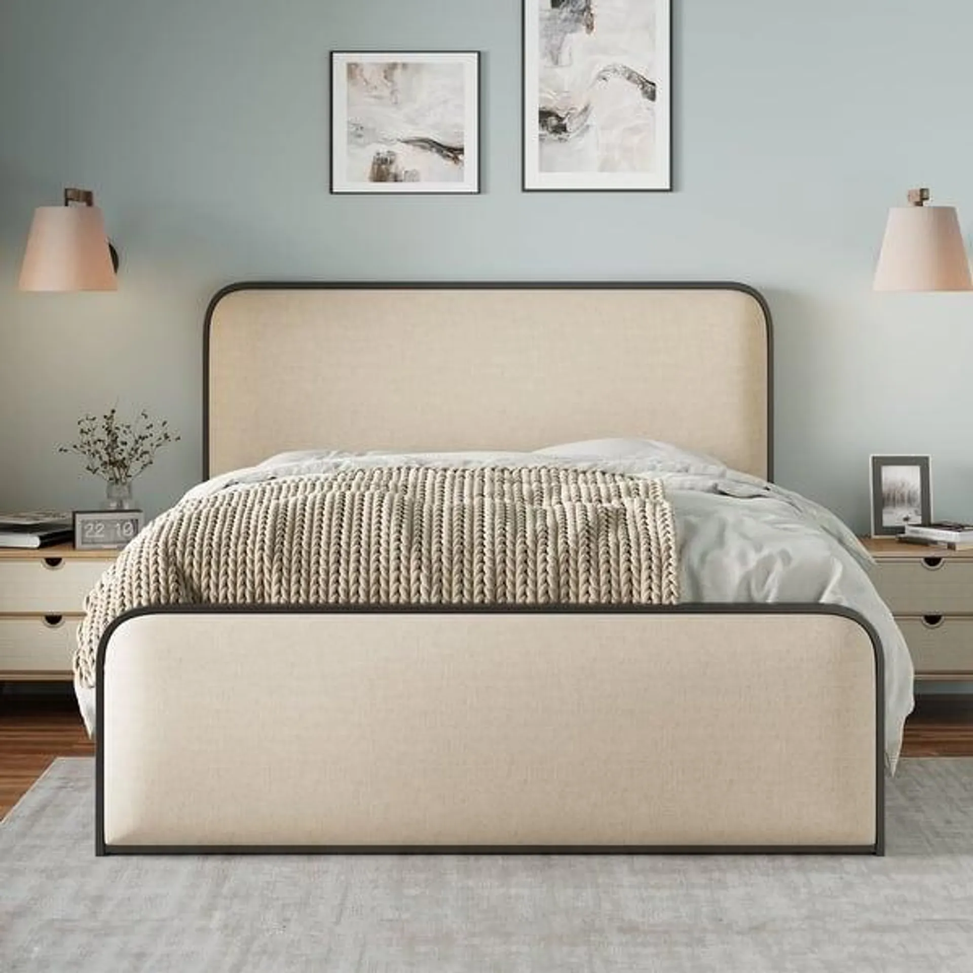 Platform Bed with Curved Upholstered Headboard & Footboard