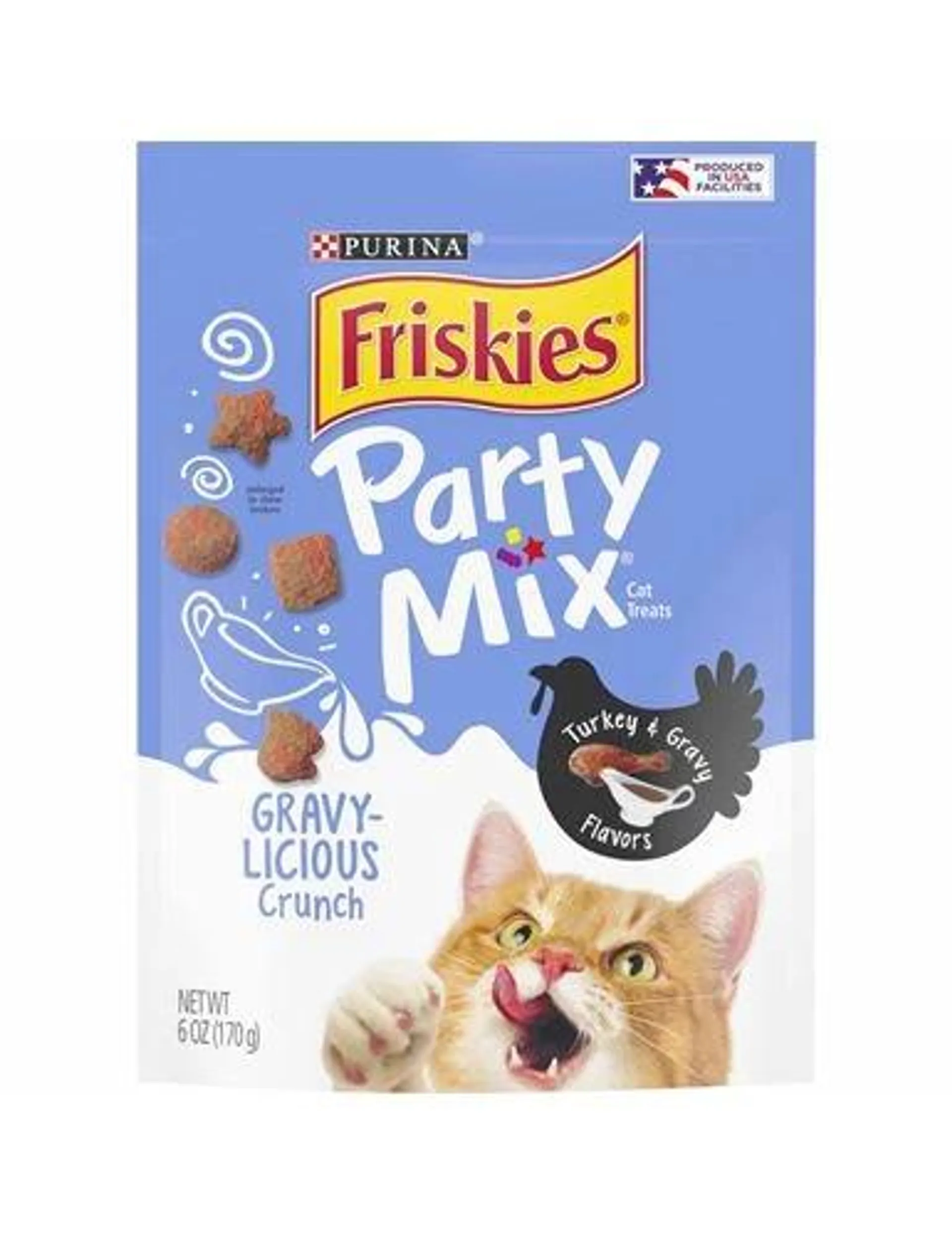 Purina Friskies Cat Treats, Party Mix Gravy-licious Crunch Turkey and Gravy Flavors - 6 Ounce Pouch