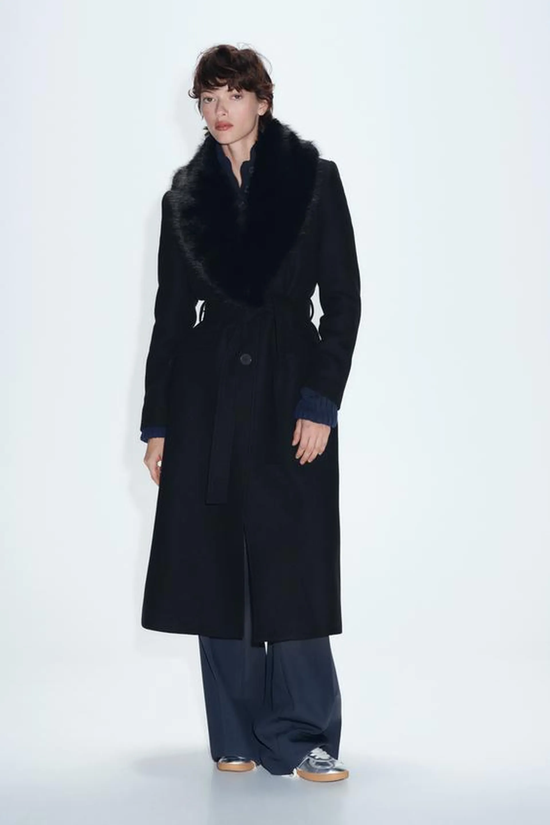 FAUX FUR WOOL BLEND LAPEL COLLAR COAT