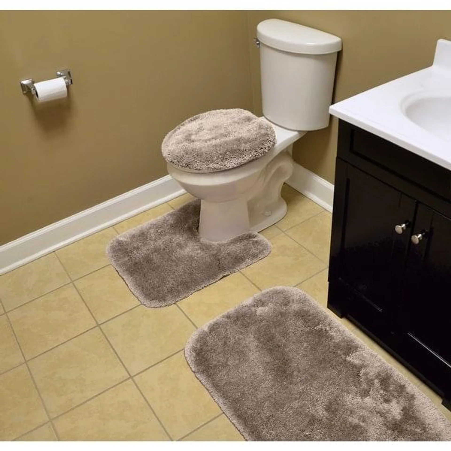 Finest Luxury Washable Nylon Shag Bath Rug, or Set in Taupe