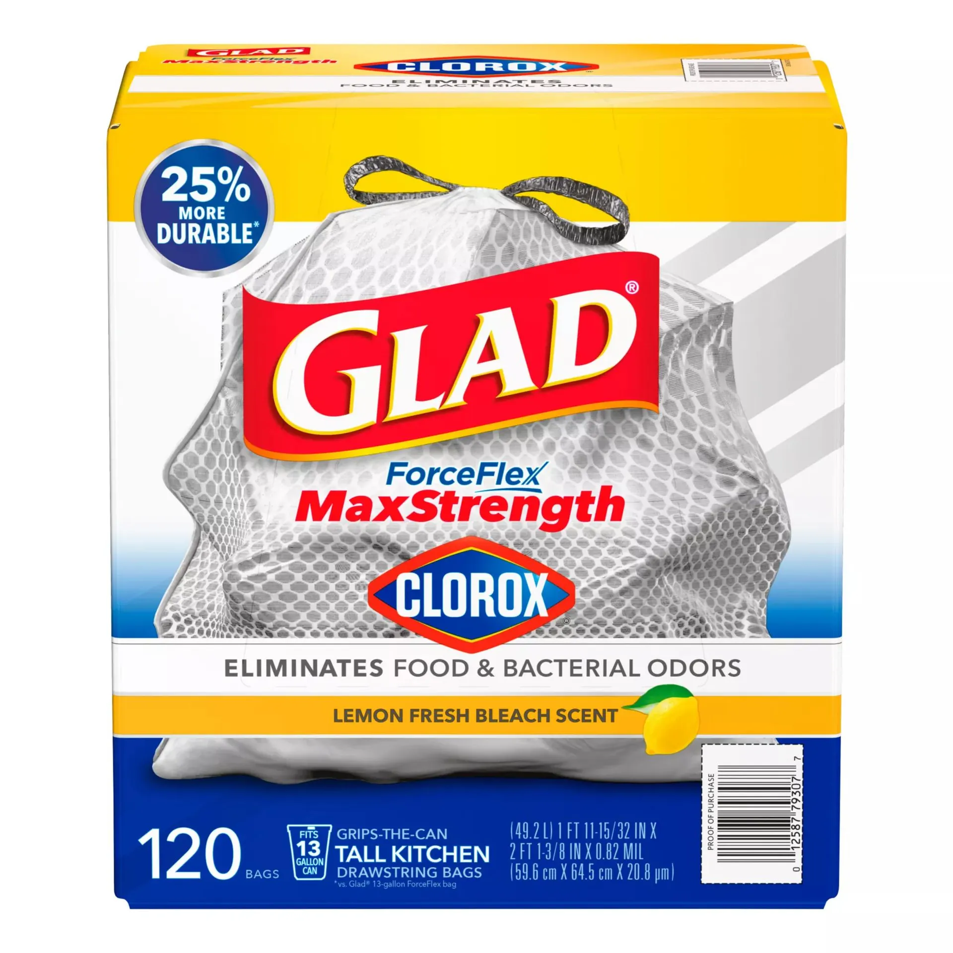 Glad ForceFlex MaxStrength with Clorox Tall Trash Bags - Lemon Fresh Bleach Scent, 120 ct./13 gal.