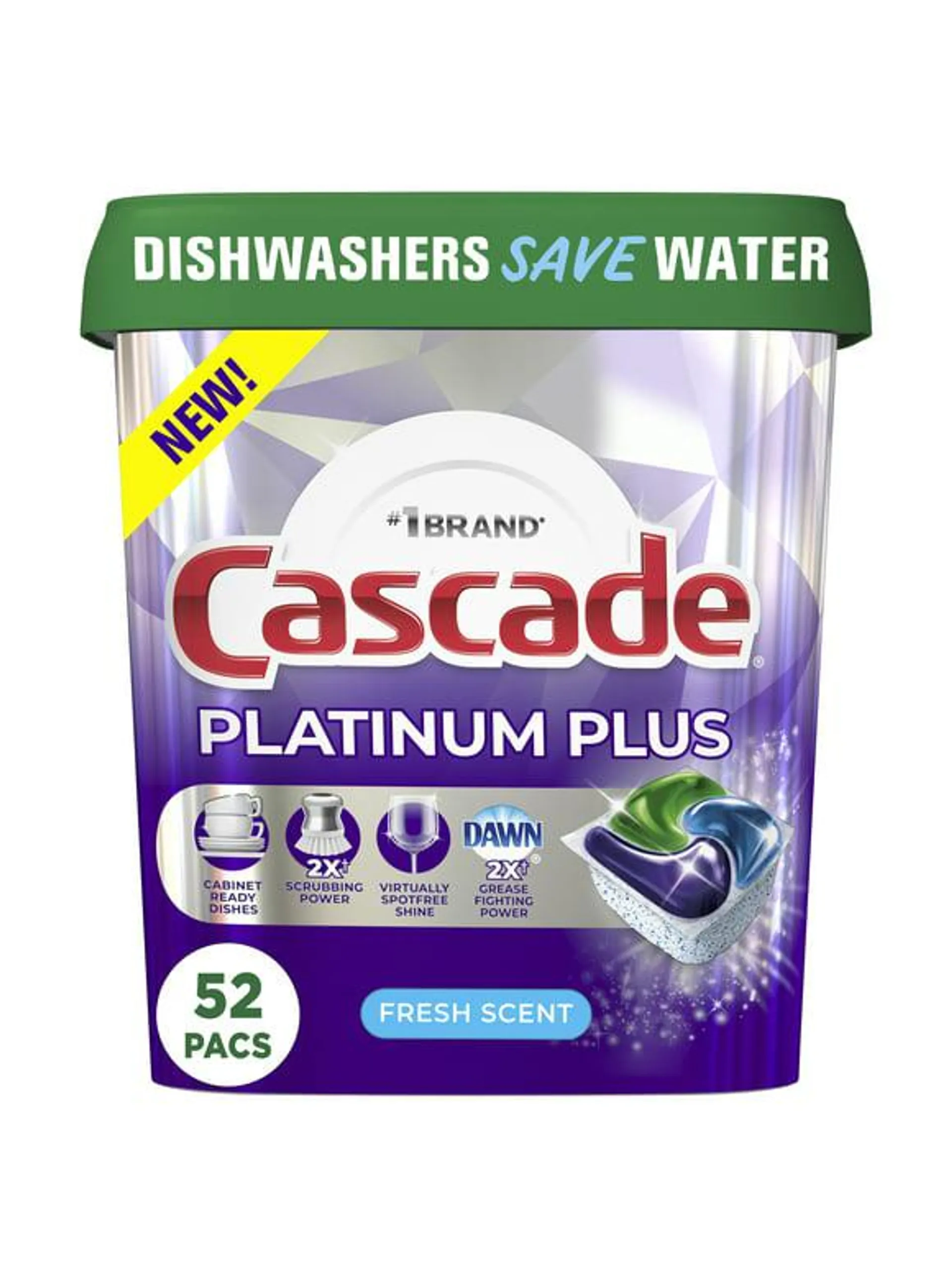 Cascade Platinum Plus Dishwasher Detergent Pacs, Fresh, 52 Count