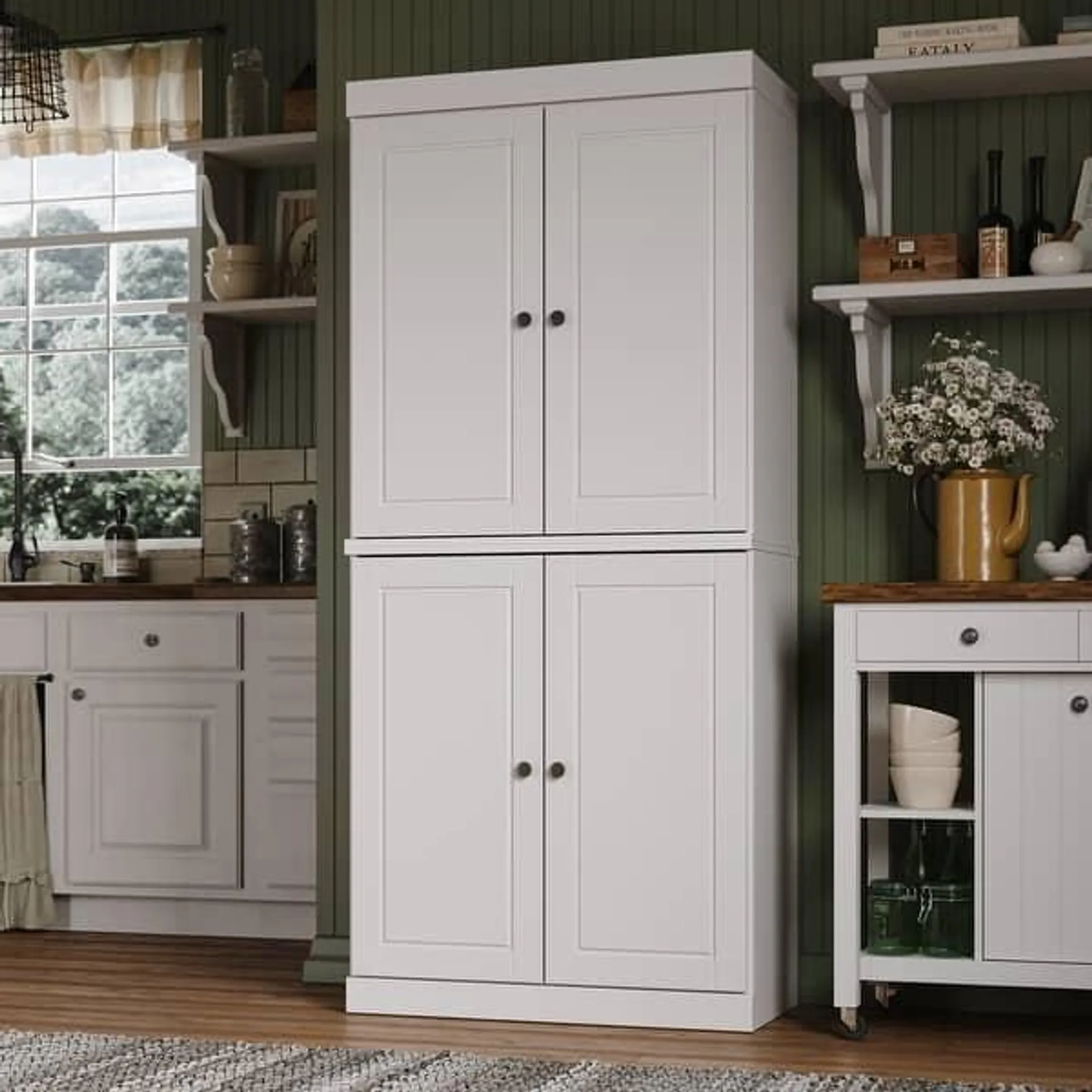 100% Solid Wood Kitchen Pantry Cabinet with Solid Wood, Clear or Frosted Glass Doors by Palace Imports