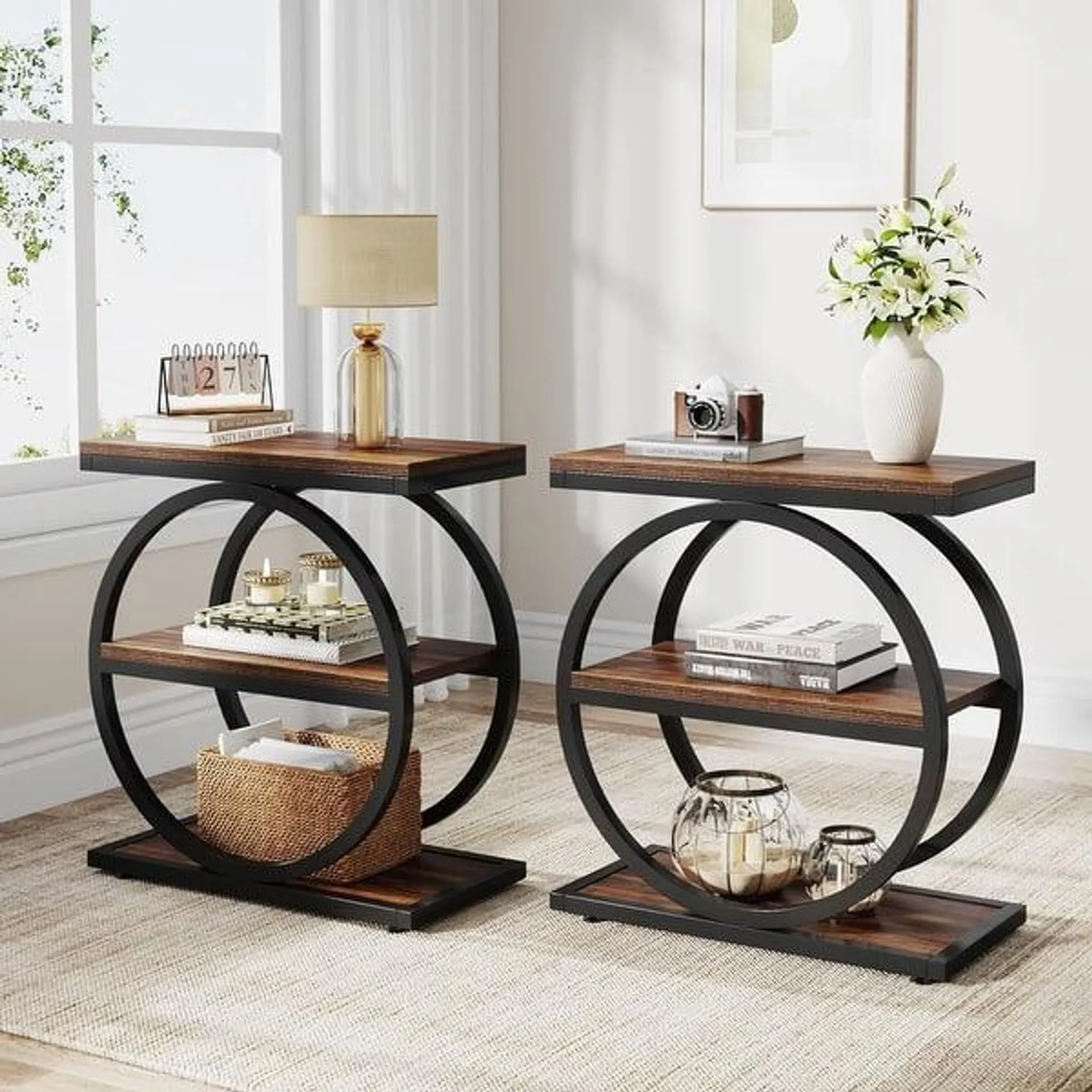 3 Tiers Narrow End Table, Wood Sofa Side Table